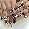 IMSOHOT Almond Press on Nails Medium Glossy Fake Nails Diamond Glue on Nails Black Ombre False Nails with Designs