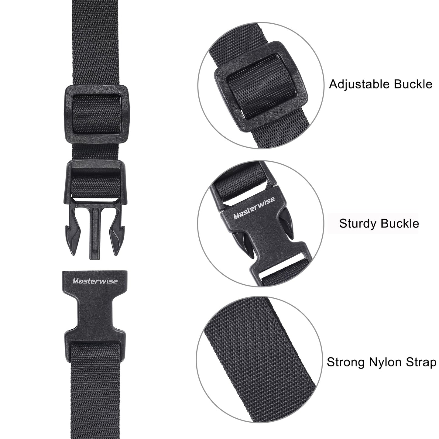 Masterwise Adjustable Buckle Straps with Clips – 4 Pack Durable Nylon Straps with Quick Release Buckles for Travel, Camping & Storage (Black)