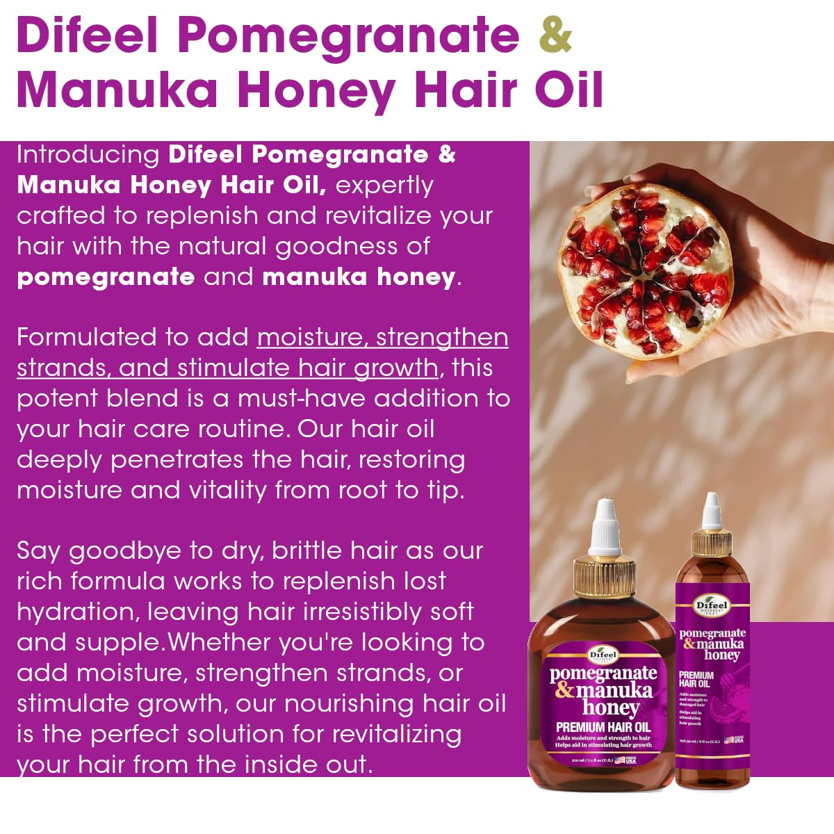Difeel Elevated Pomegranate & Manuka Honey Premium Hair Oil 12 oz. - Growth Stimulating, Moisturizing & Strengthening Hair Oil for Dry, Damaged Hair
