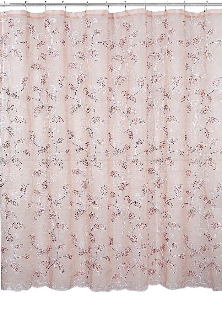SERAFINA Decorative Sheer Fabric Shower Curtain: Two Toned Dusty Pink and White Embroidered Leaves with Metallic Threading (Blush/White) 70 x 72
