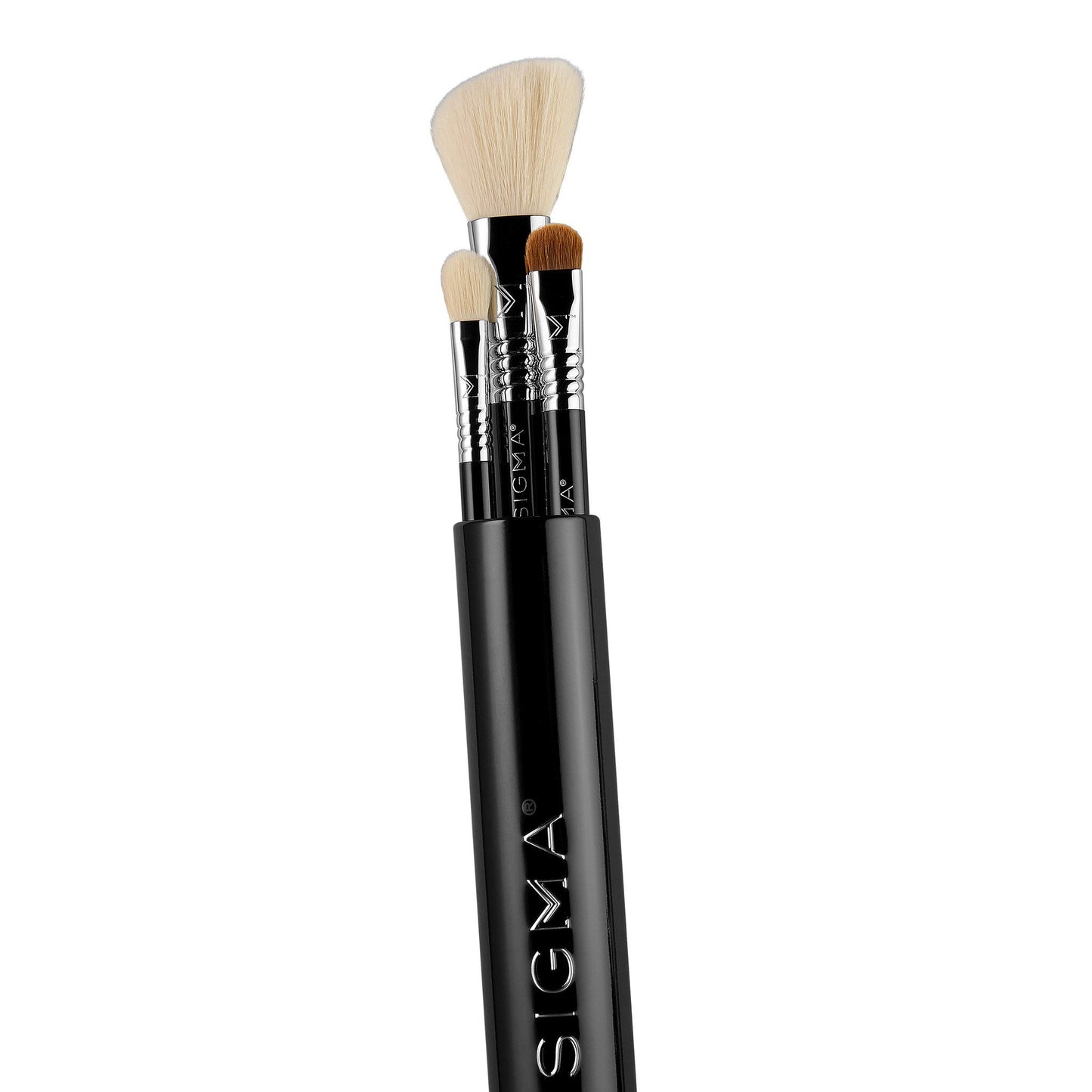 Sigma Beauty Travel Essential Trio - Makeup Brush Set for Foundation Powder Eyeshadow - 3 Tool Brushes with Brush Tin Holder - Skin Safe, Vegan Makeup
