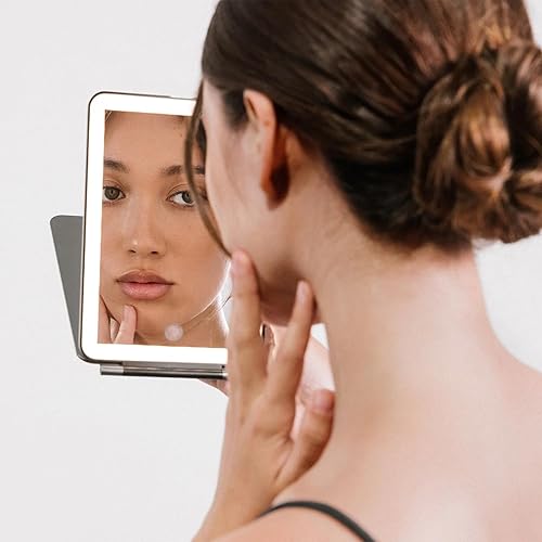 Vanity Planet Handheld Makeup Mirror with Lights, Mini Pose 2.0 (Blush) - Travel LED Mirror with 3X & 5X Magnification - Dimmable Lighting & Micro-USB