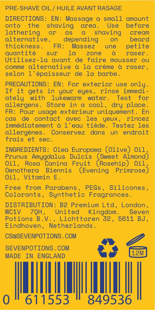 Seven Potions Pre-Shave Oil For Men - Ideal for Sensitive Skin, Helps Prevent Irritation, Lubricates and Protects Face - Natural, Vegan, Cruelty Free