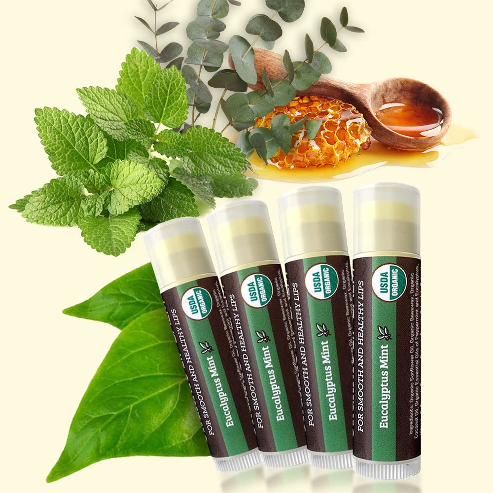Earth's Daughter USDA Organic Lip Balm Stocking Stuffers 4-Pack Eucalyptus Mint Flavor - Beeswax, Coconut Oil, Vitamin E - Best Lip Repair Chapstick
