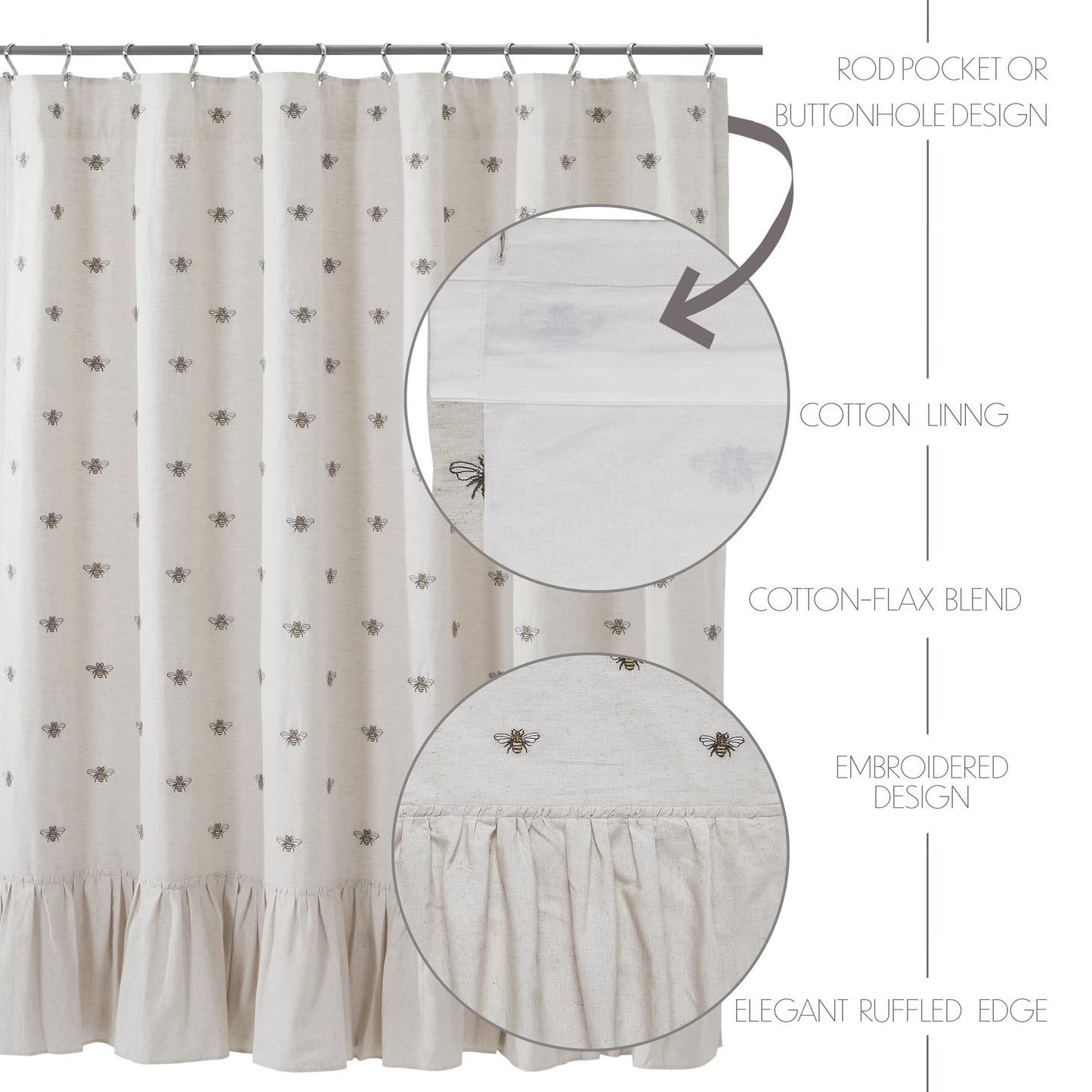 VHC Brands Embroidered Bee, Farmhouse Bathroom Shower Curtain, Ruffled, Creme Yellow Grey, 72x73