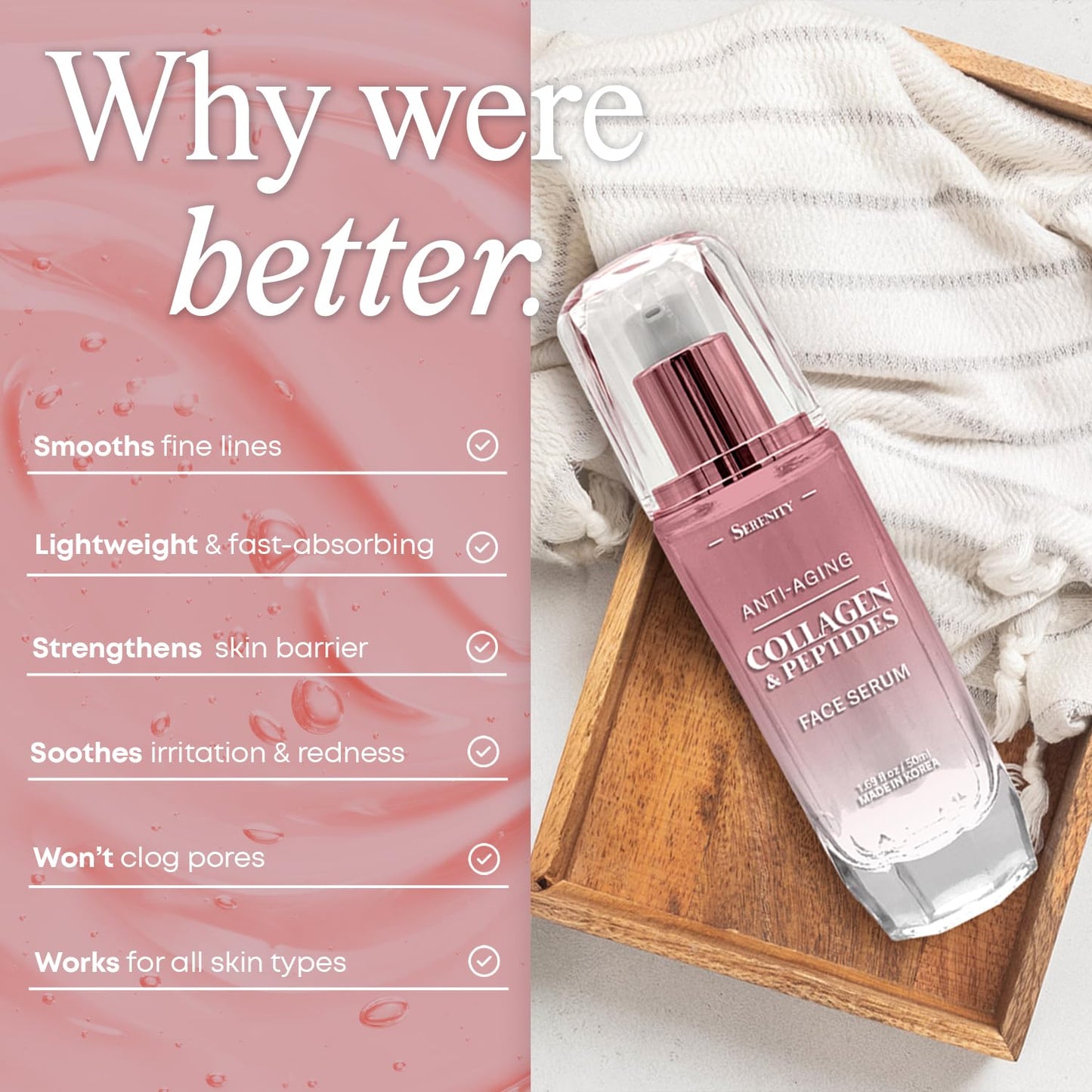 Serenity Collagen & Peptides Serum For Face - Dermatologist Tested, Anti Aging Korean Skin Care - Hydrates, Firms, Softens and Supports Skin Barrier