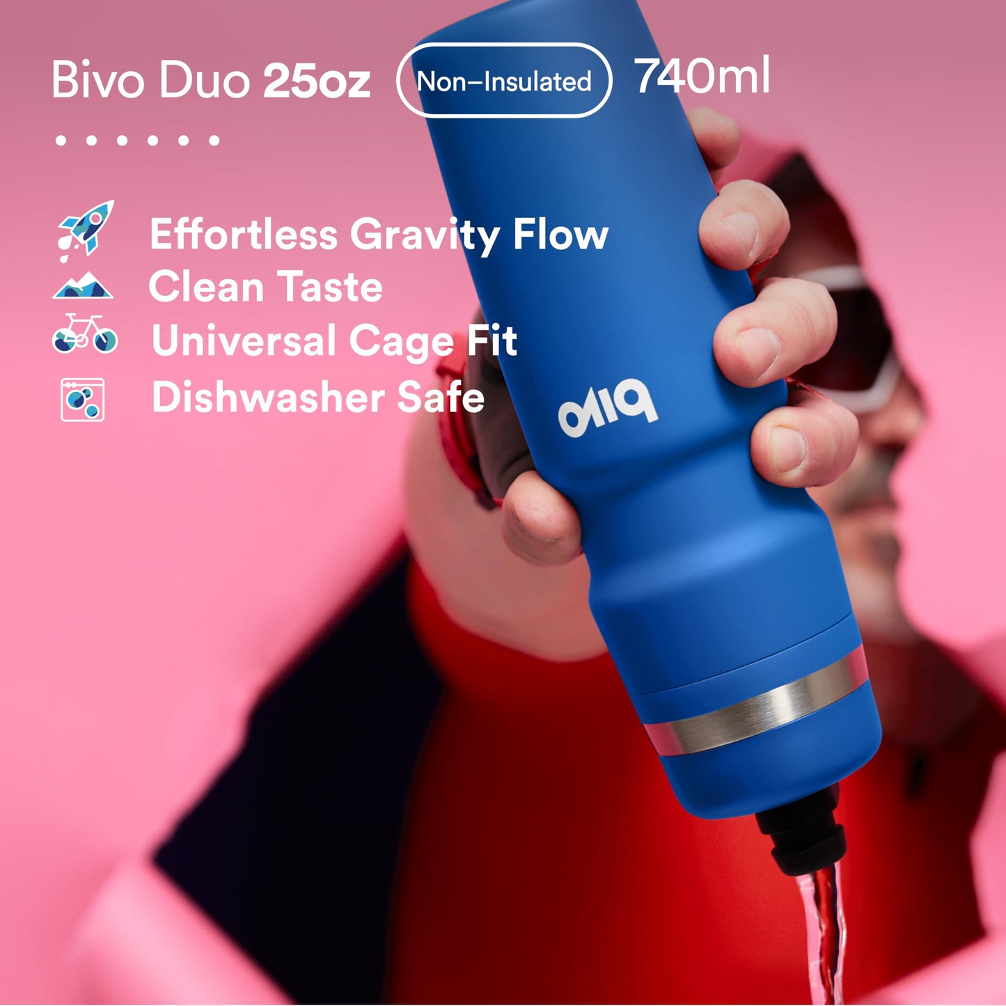 Bivo Duo 25oz Non Insulated Stainless Steel Bike Water Bottle - Lightweight for Cycling, Hiking, Sports - No Plastic Taste, Fits Most Cages…