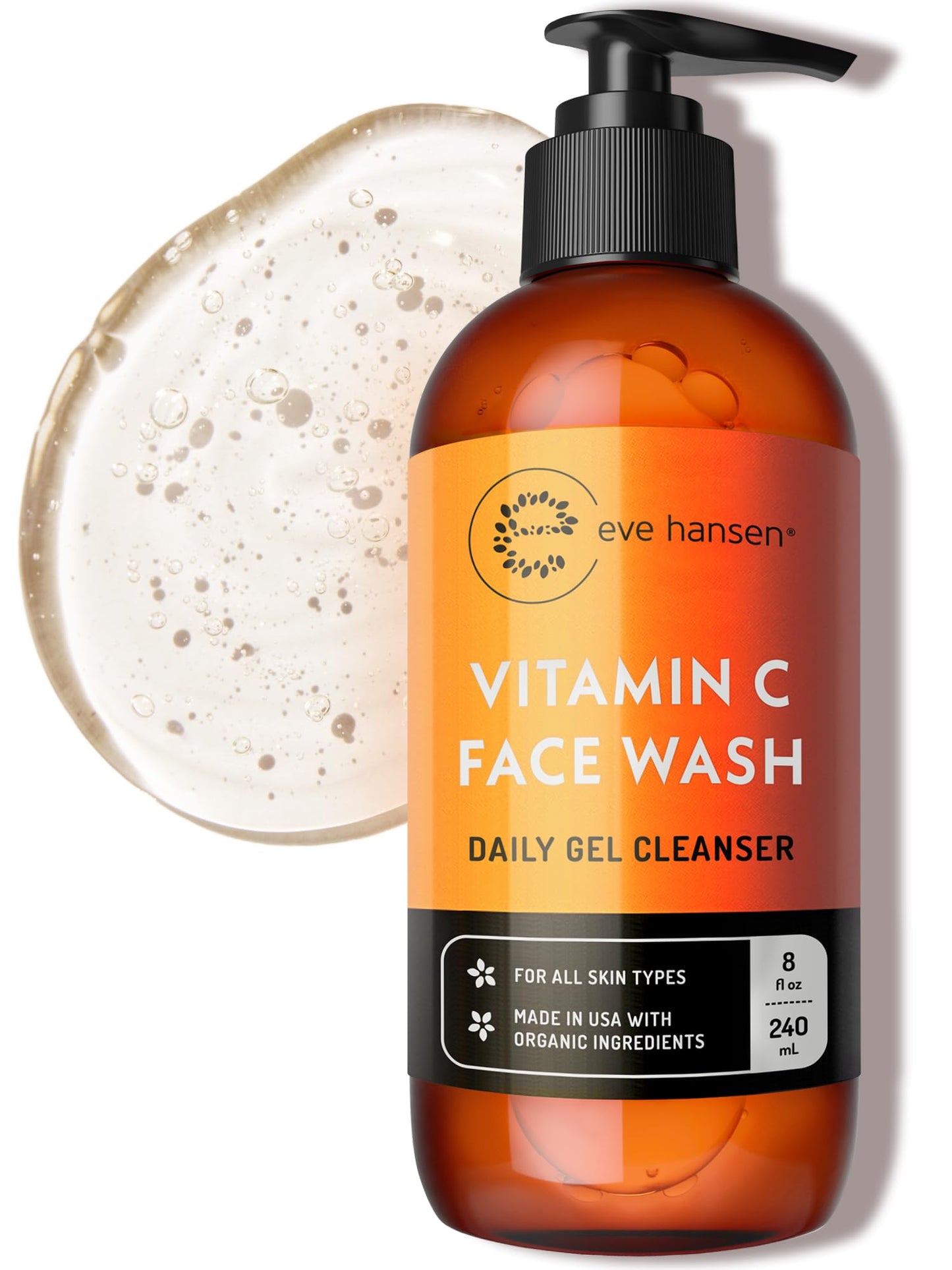 Vitamin C Cleanser Face Wash - HUGE 8 oz Gentle Facial Cleansing Gel for Uneven Skin Tone, Age Spots and Fine Lines - Natural Face Soap with Aloe