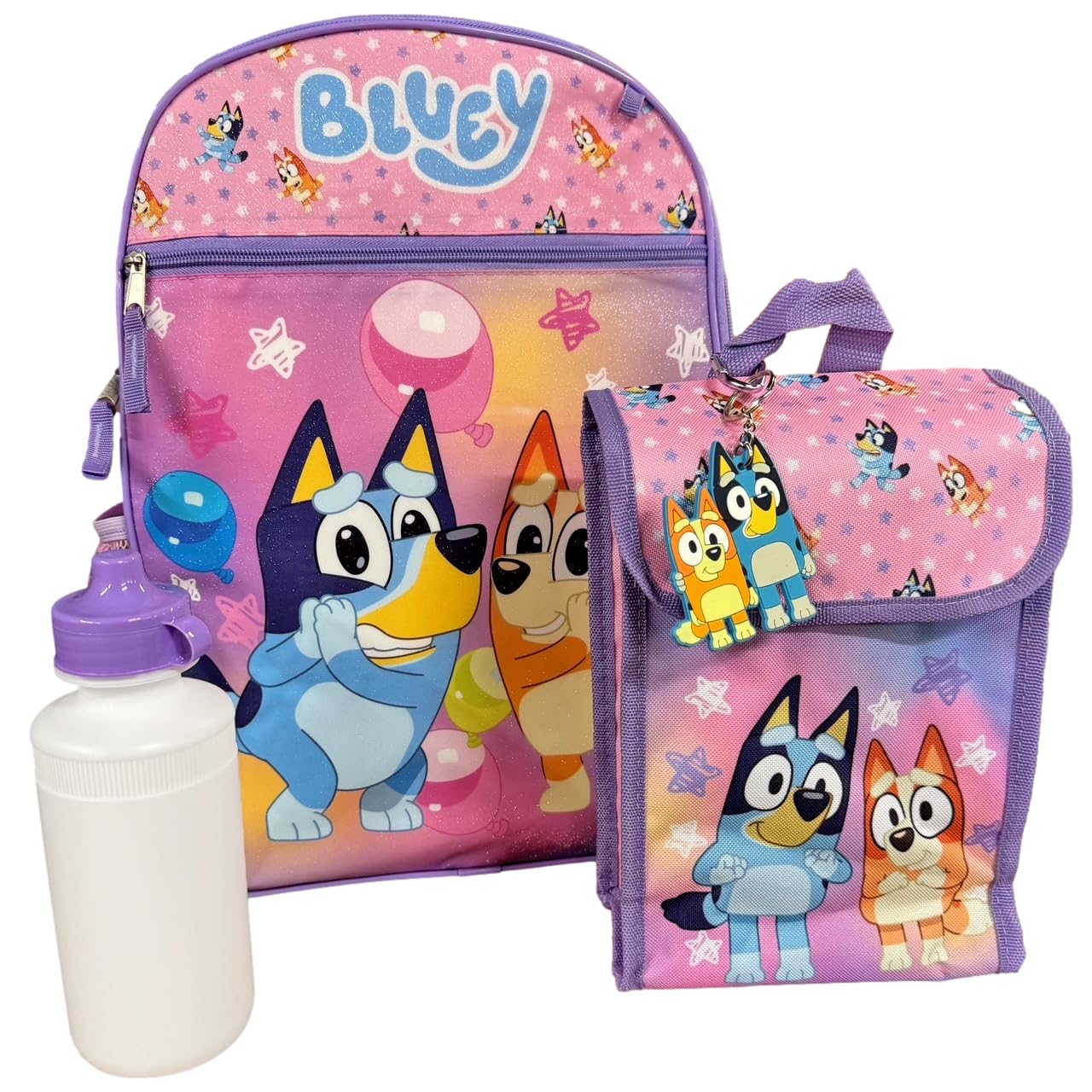 Fast Forward Bluey Backpack Set 5 Piece Bookbag and Snack Tote Matching Accessories for Back to School with Water Bottle