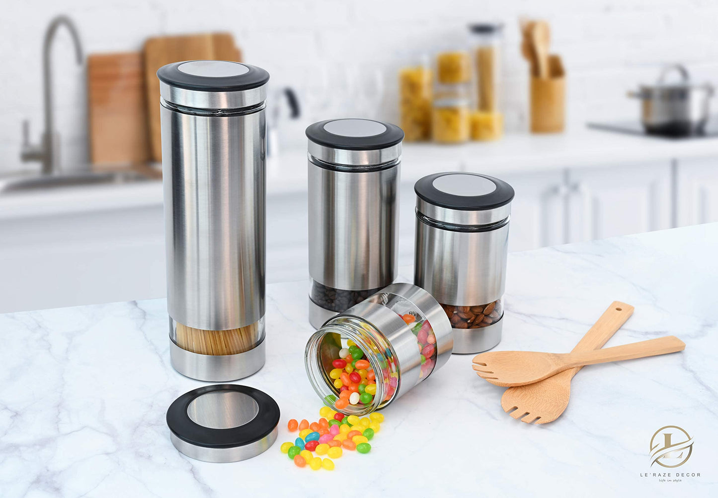 Le'raze Quality Stainless Steel Canister Set of 4 for Kitchen Counter with Glass Window & Airtight Lid - Food Storage Containers with Lids Airtight…