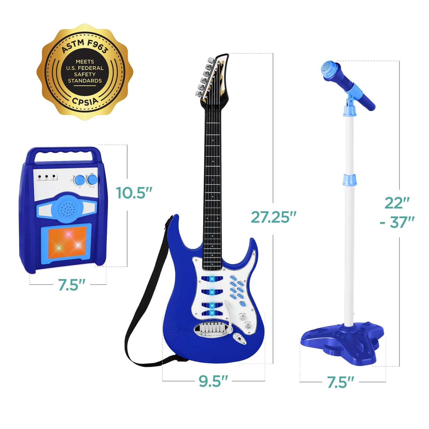 Best Choice Products Kids Electric Guitar Play Set – Toy Starter Kit with Mic, Amp, AUX, Whammy Bar, 6 Songs & Stickers – Blue