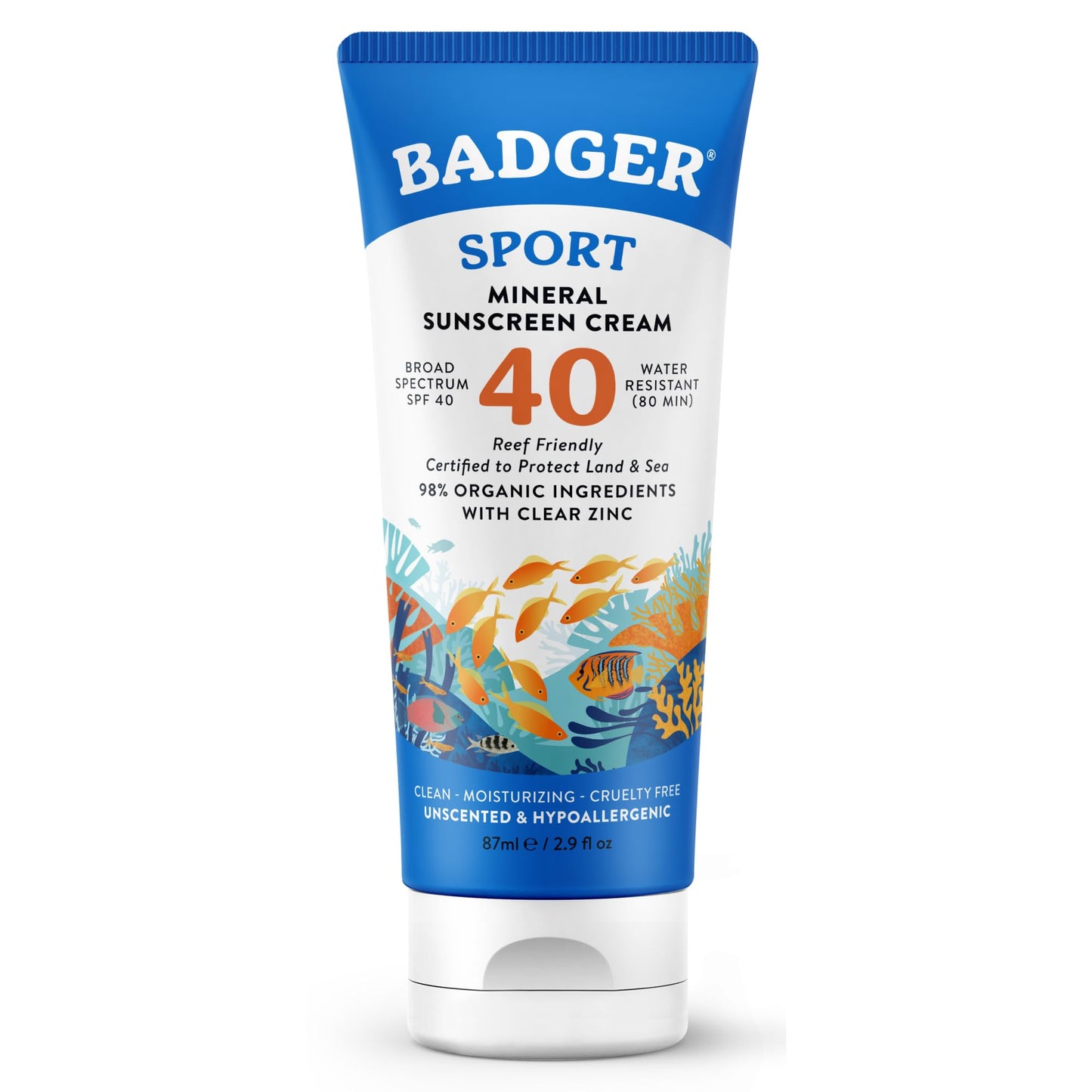 Badger Sport Mineral Sunscreen, Reef Safe, SPF 40, 98% Organic with Zinc Oxide, Water Resistant, Hawaii Reef Act 104 Compliant, Unscented