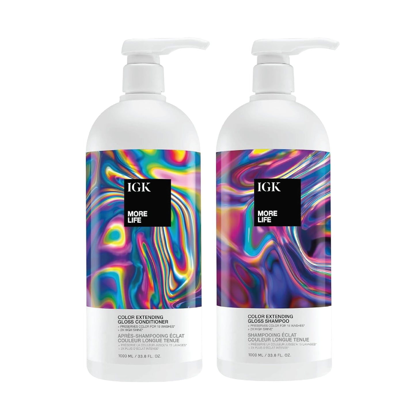 IGK MORE LIFE Color Extending Gloss Shampoo & Conditioner Set | Preserves Color + Enhances Shine | UV Protection | Vegan + Cruelty-Free | 33.8 oz