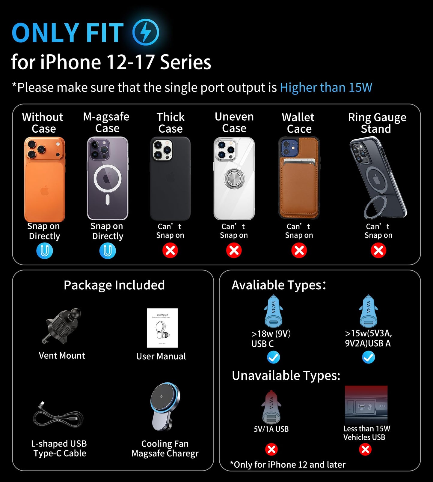 GuMosh for Magsafe Car Mount Charger with Cooling Fan, Fast Magnetic Car Phone Holder, Strong Hook Car Vent Phone Mount, Magnetic Wireless Car…