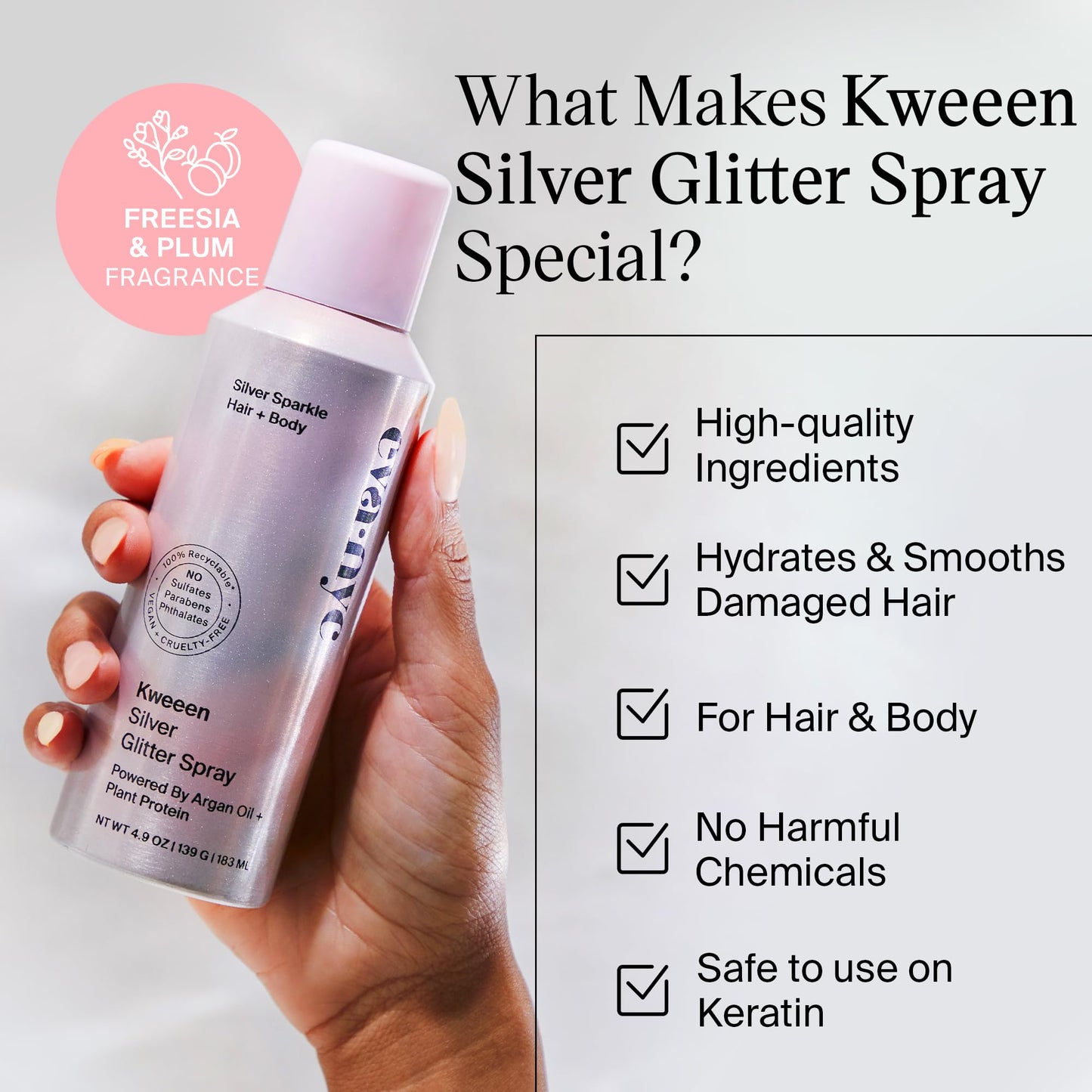 Eva NYC Kweeen Silver Body and Hair Glitter Spray for Shimmer, Washable Glitter Hairspray for Any Party Look, 4.9 oz