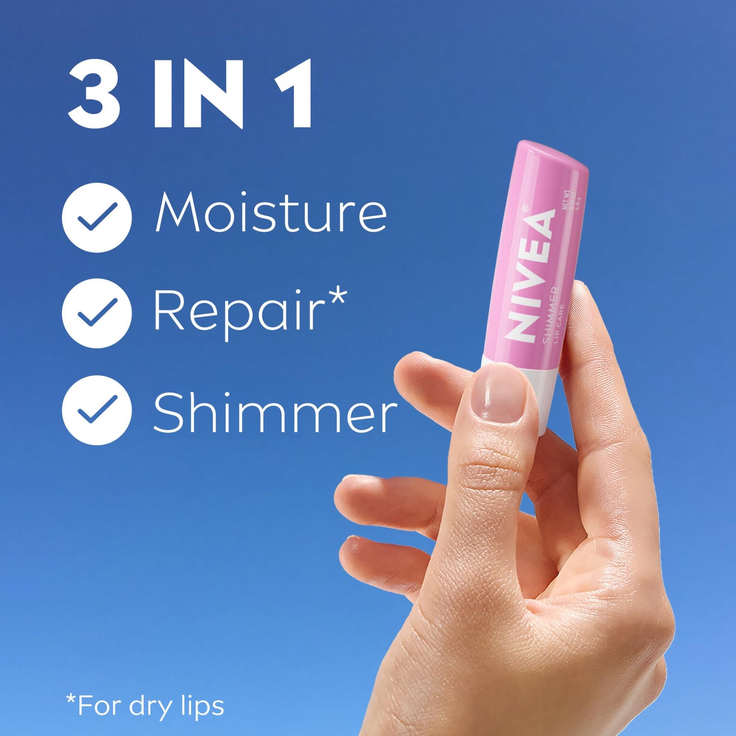 NIVEA Shimmer Lip Care, Shimmer Lip Balm with Shea Butter, Nourishing Oils and Vitamin C & E, 3-in-1 Moisture, Repair (for Dry Lips) and Shimmer, 0.17