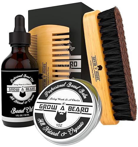Beard Brush, Beard Comb, Beard Oil, & Beard Balm Grooming Kit for Men's Care, Travel Facial Hair Set for Growth, Styling, Shine & Softness, Great
