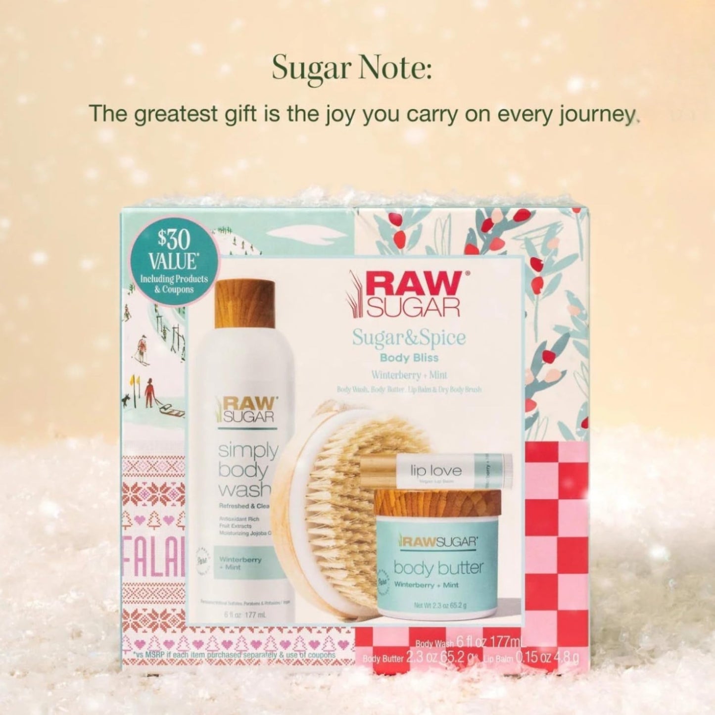 Raw Sugar Body Bliss Gift Set, Winterberry + Mint, Body Wash 6 fl oz, Body Butter 2.3 oz, Lip Balm and Body Brush Beauty & Personal Care RAW SUGAR