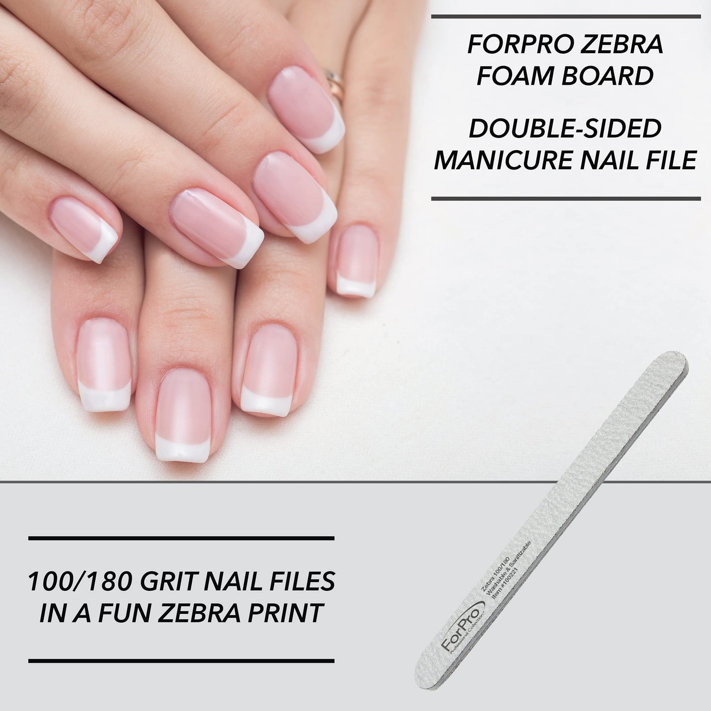ForPro Professional Collection Zebra Foam Board, 100/180 Grit, Double-Sided Manicure Nail File, 7" L x .75" W 50-Count
