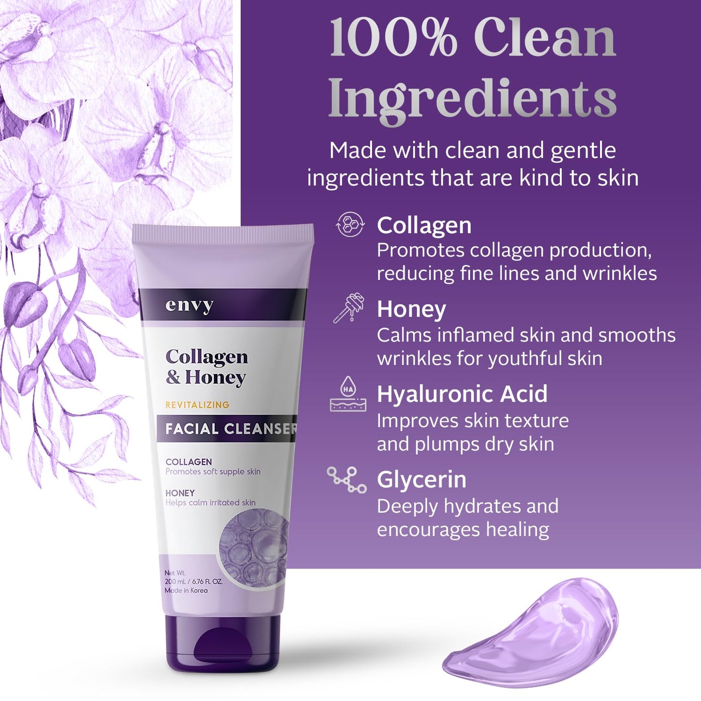Envy Facial Cleanser with Collagen & Honey - Reduces Fine Lines, Wrinkles & Hydrating - Clean, Cruelty-Free Korean Skin Care for All Skin Types