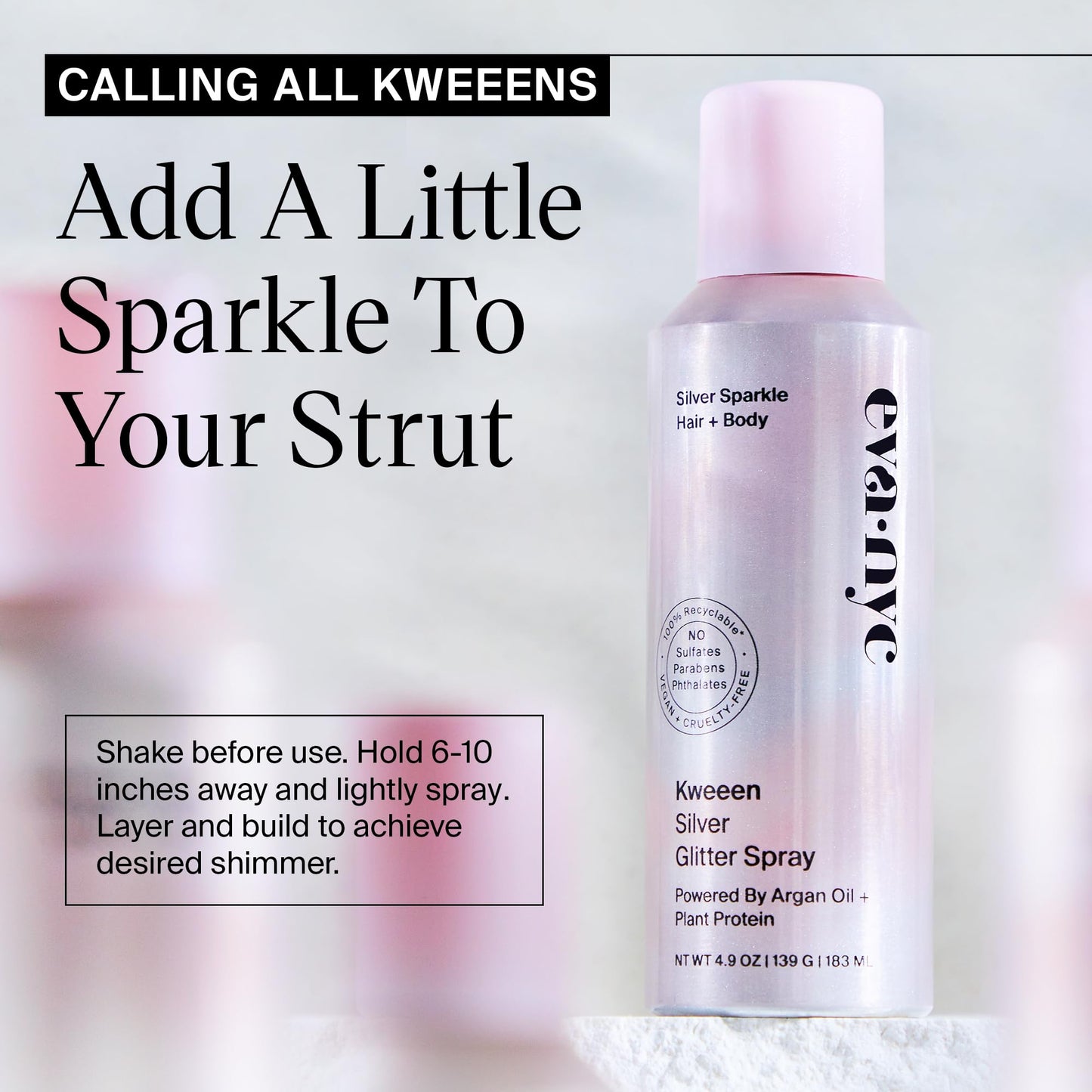 Eva NYC Kweeen Silver Body and Hair Glitter Spray for Shimmer, Washable Glitter Hairspray for Any Party Look, 4.9 oz