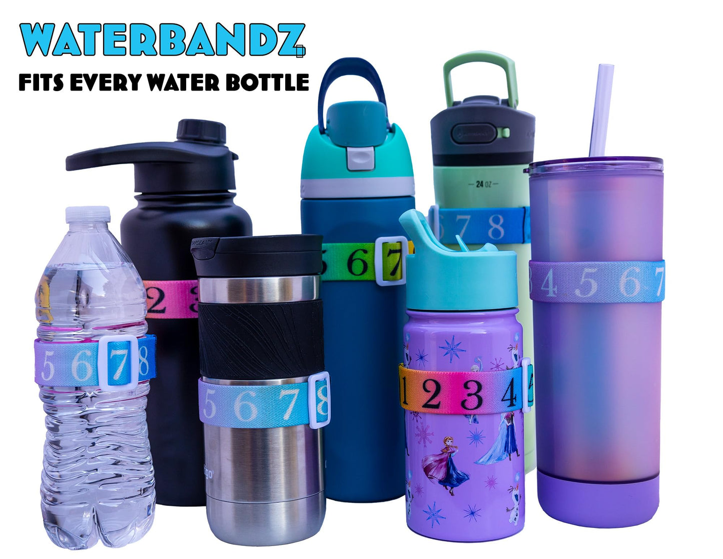 WaterBandz - Stay Hydrated: Elastic Fabric Bands Make your Daily Water Intake Simple and Fun! Universal size for Water Bottles, Cups, and Glasses