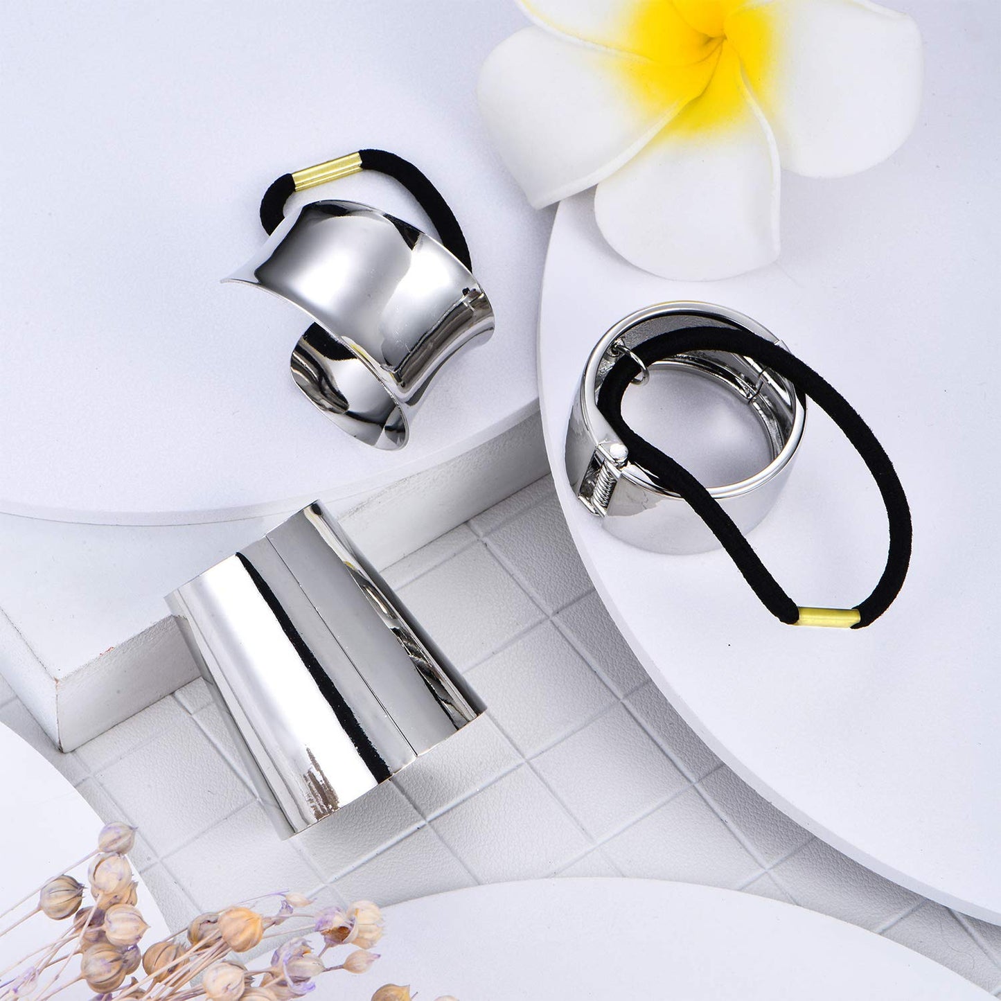 Yaomiao 3 Pieces Metal Circle Hair Cuff Elastic Hair Band Ties Ponytail Holder Rope Accessory for Women, 3 Styles(Silver)