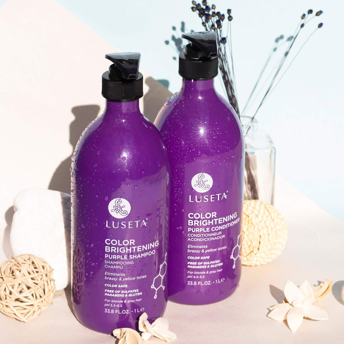 L LUSETA Color Brightening Purple Shampoo and Conditioner Set for Blonde and Gray Hair, Infused with Cocos Nucifera Oil to Help Nourish, Moisturize
