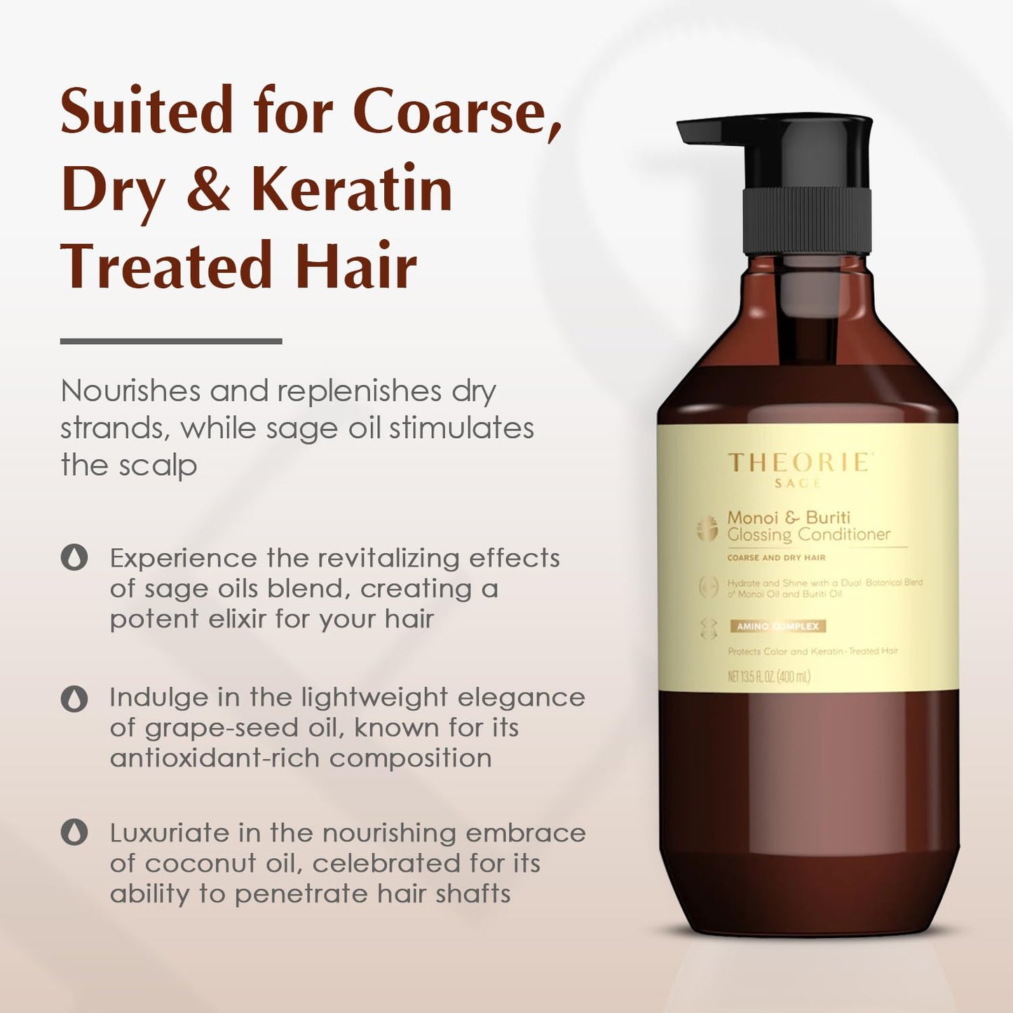 Theorie Monoi and Buriti Glossing Conditioner - Hydrate & Shine - Suited for Coarse and Dry Hair - Protects Color & Keratin Treated Hair, Pump Bottle