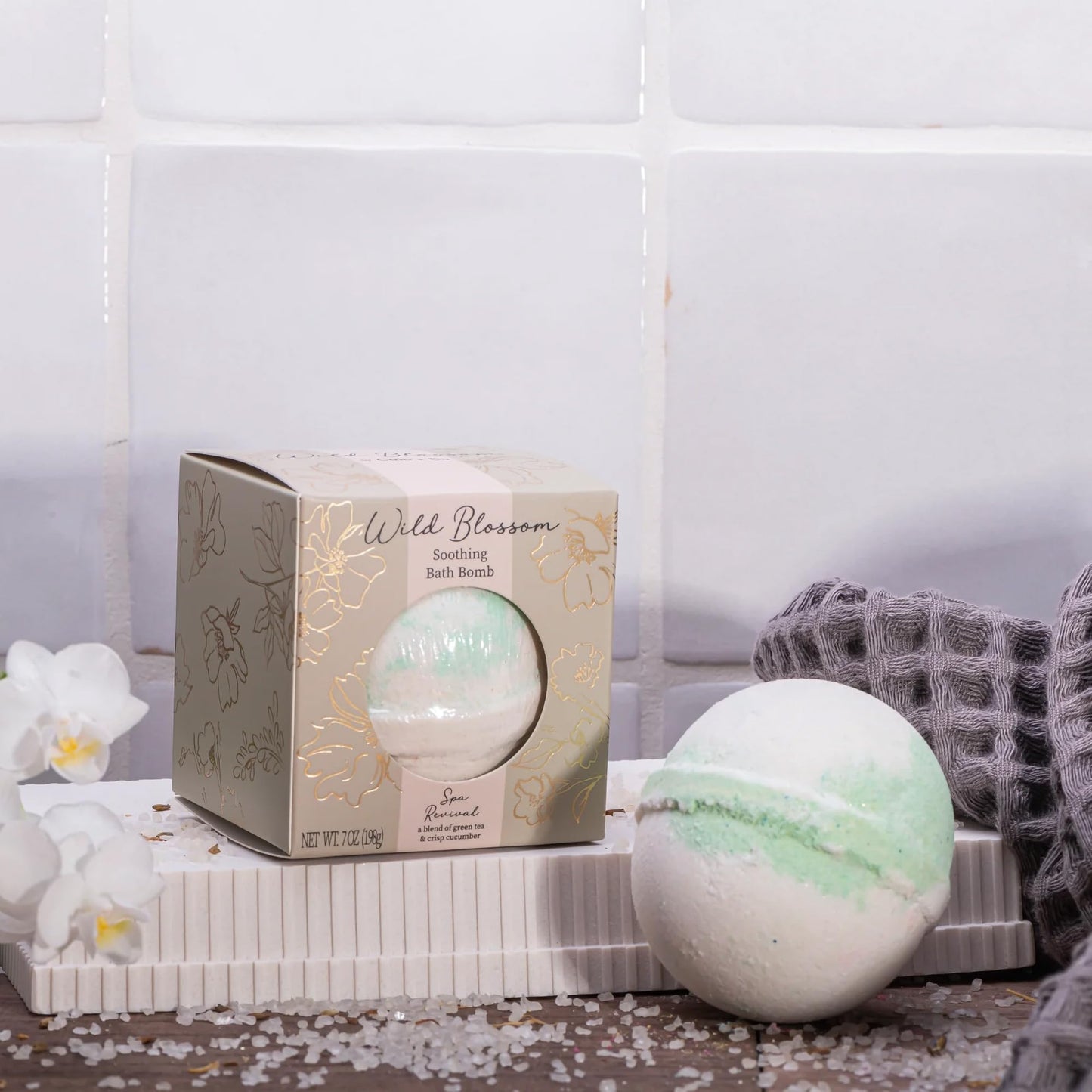 Cait + Co Soothing Bath Bomb Giftable, 7 Ounce Essential Oil, Green Tea and Cucumber Scent, Spa Revival