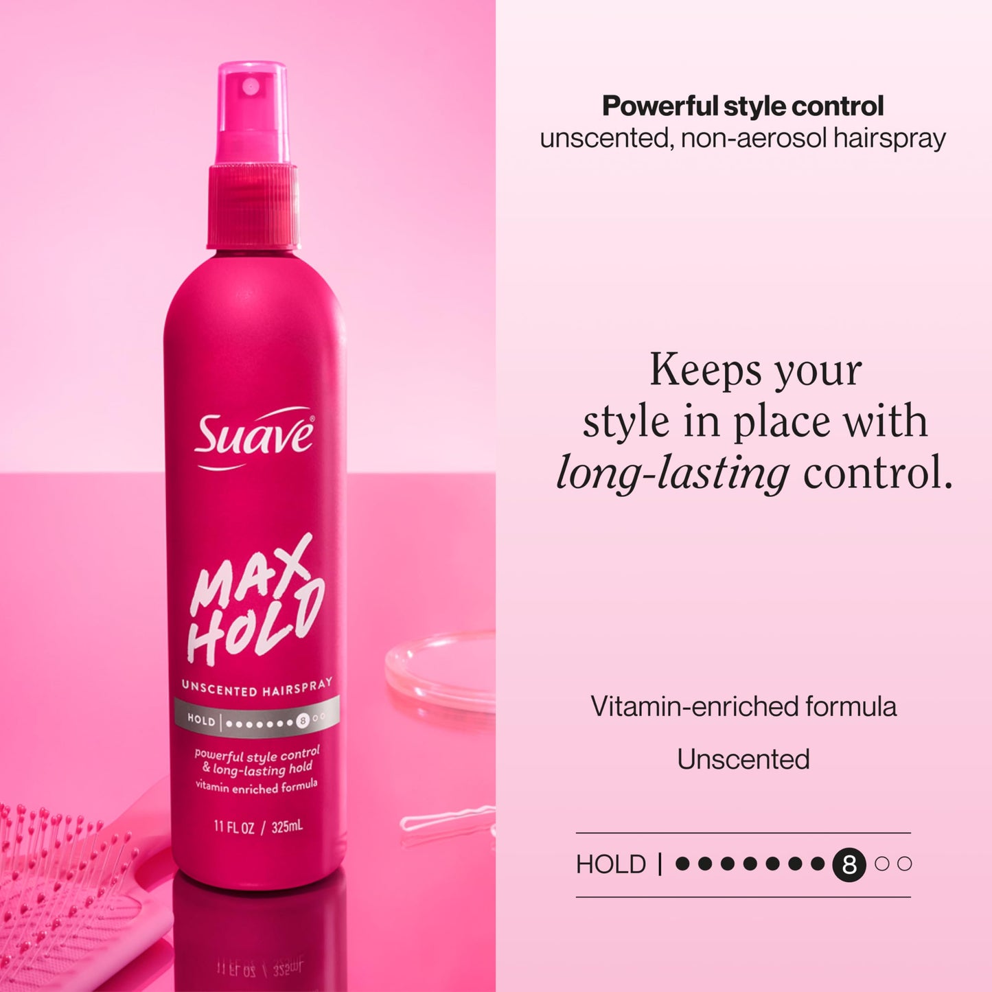 Suave Max Hold Unscented Non-Aerosol Hairspray, Strong Hold, Lightweight, Not Sticky or Stiff, For Smooth, Frizz-Free Styles, All Hair Types, 11 FL OZ
