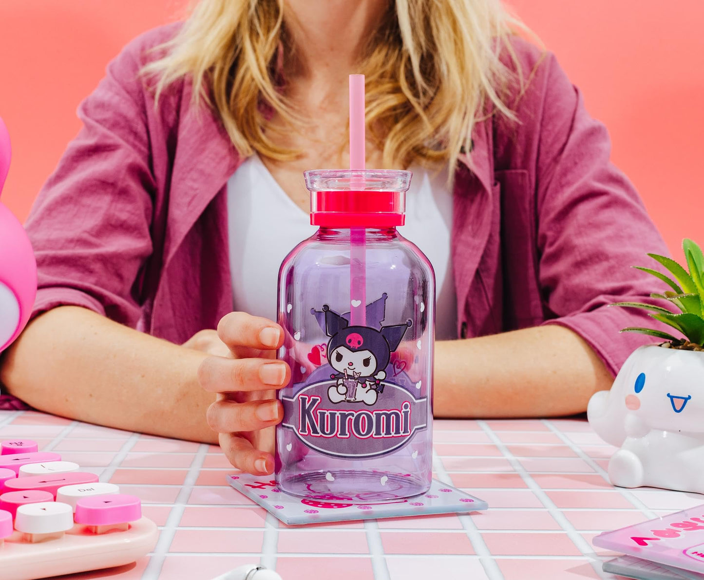 Silver Buffalo Sanrio Hello Kitty and Friends Featuring Kuromi Hearts Purple Glass Milk Bottle with Straw, 15 Ounces