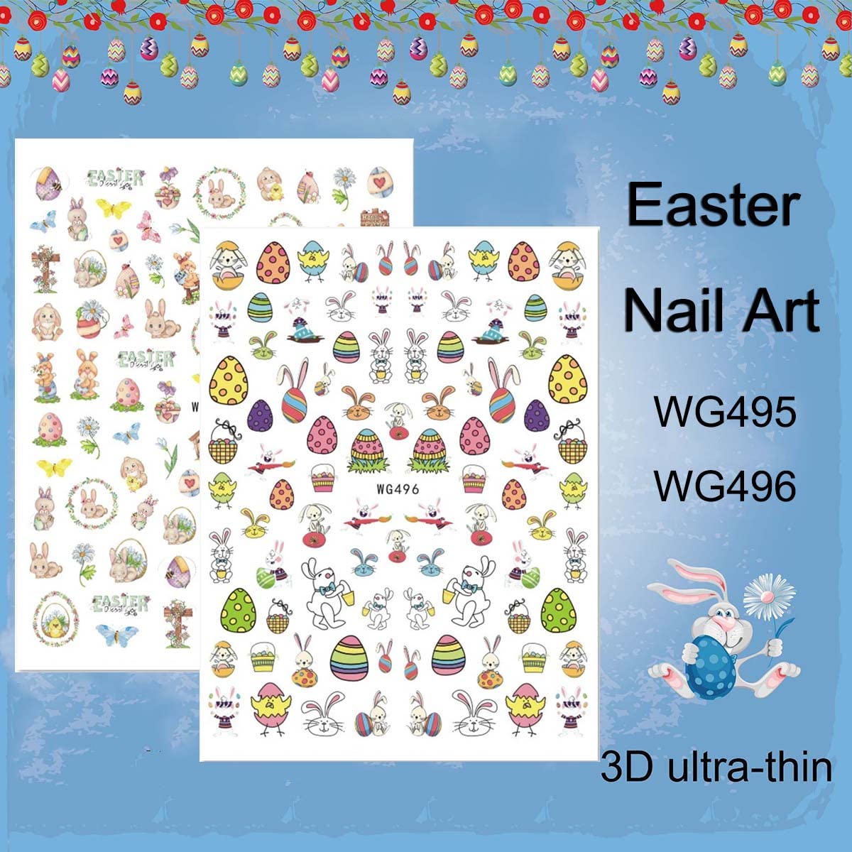 Easter Nail Art Stickers Decals, 3D Self-Adhesive Cartoon Bunny Egg Chicken Nail Decals for Women Girls Easter Day DIY Nail Decoration 6 Sheets