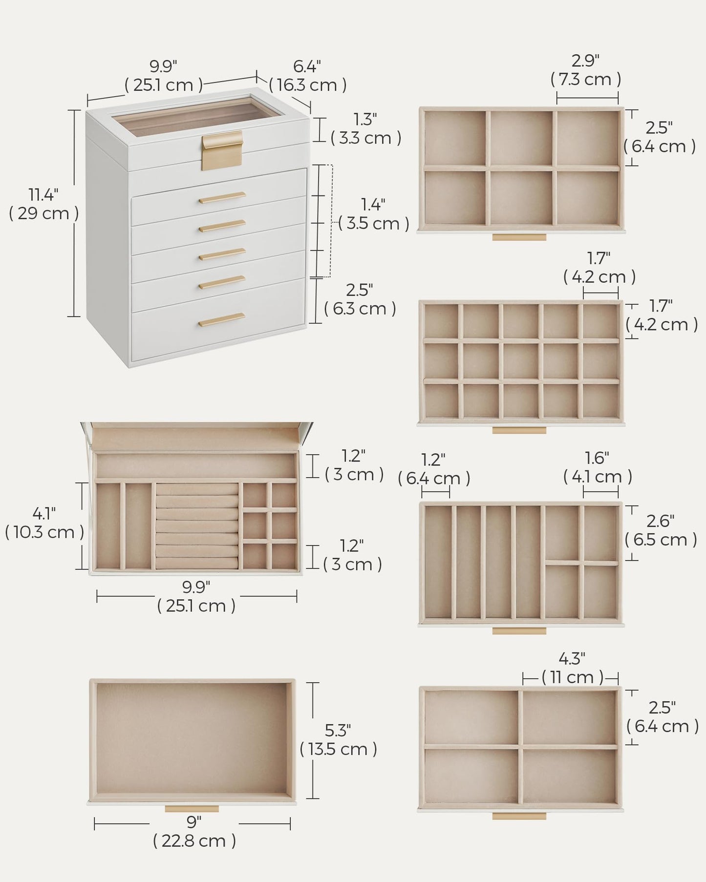 SONGMICS Jewelry Box Organizer with Glass Lid, 6-Layer Jewelry Storage, with 5 Drawers, Modern Style, 6.4 x 9.9 x 11.4 Inches, Cloud White and Gold…
