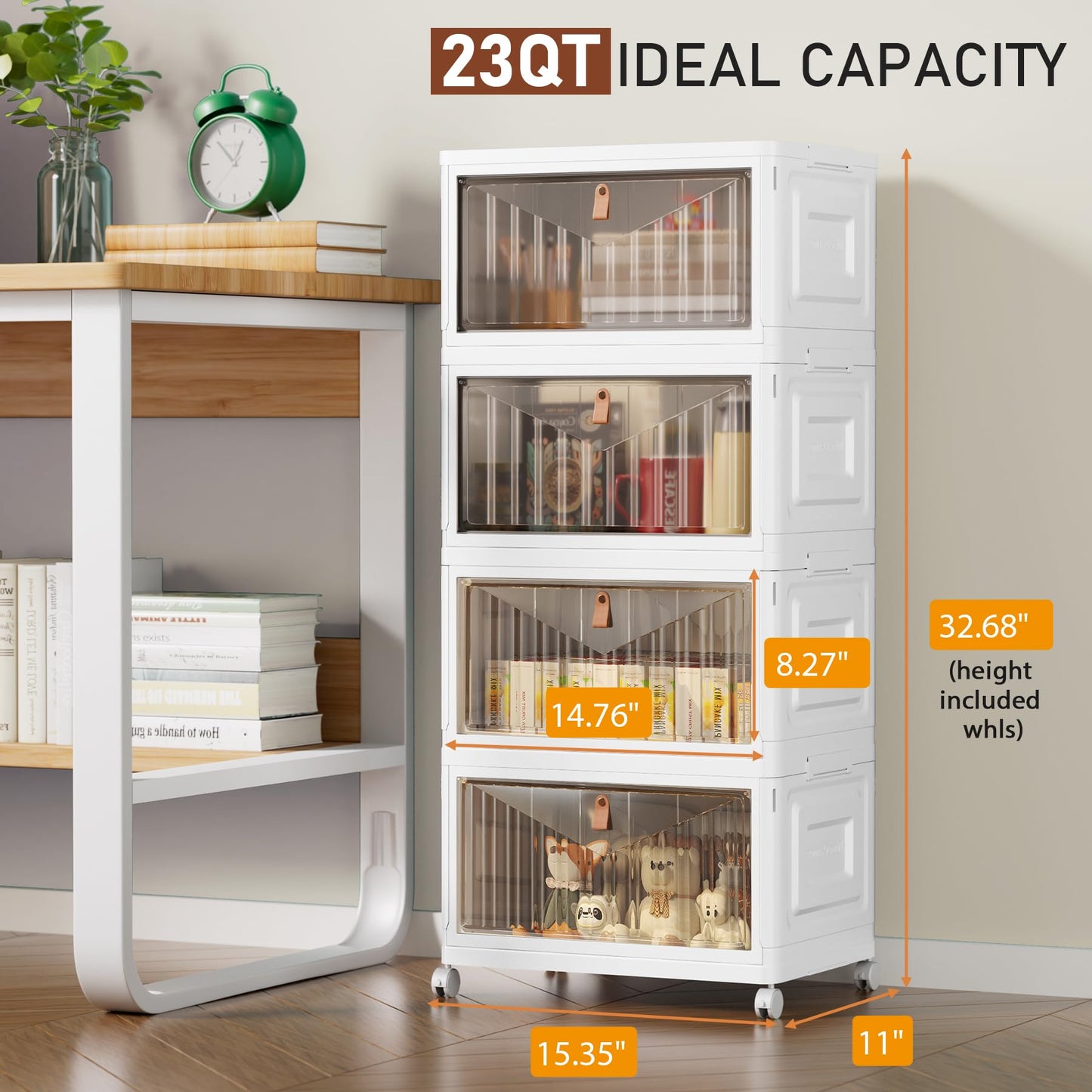 4 Tier Storage Bins with Lids, 23QT Stackable Closet Organizers and Storage with Wheels, Collapsible Storage Boxes, Foldable Plastic Storage…