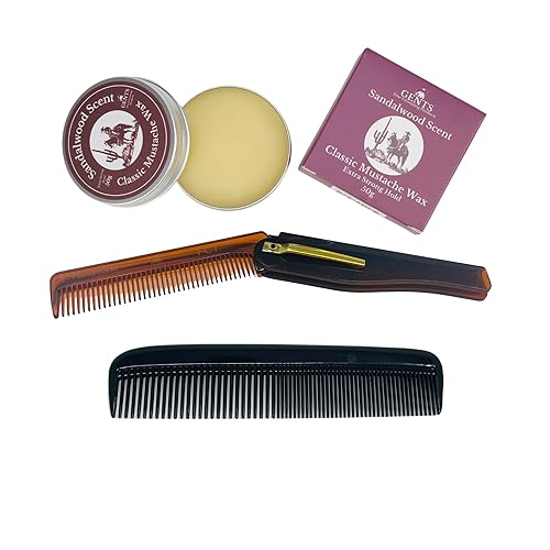 Sandalwood Mustache Wax Kit - Classic Scented Wax with Extra Strong Hold, 5.5" Folding Comb & 5" Fine/Coarse Travel Comb