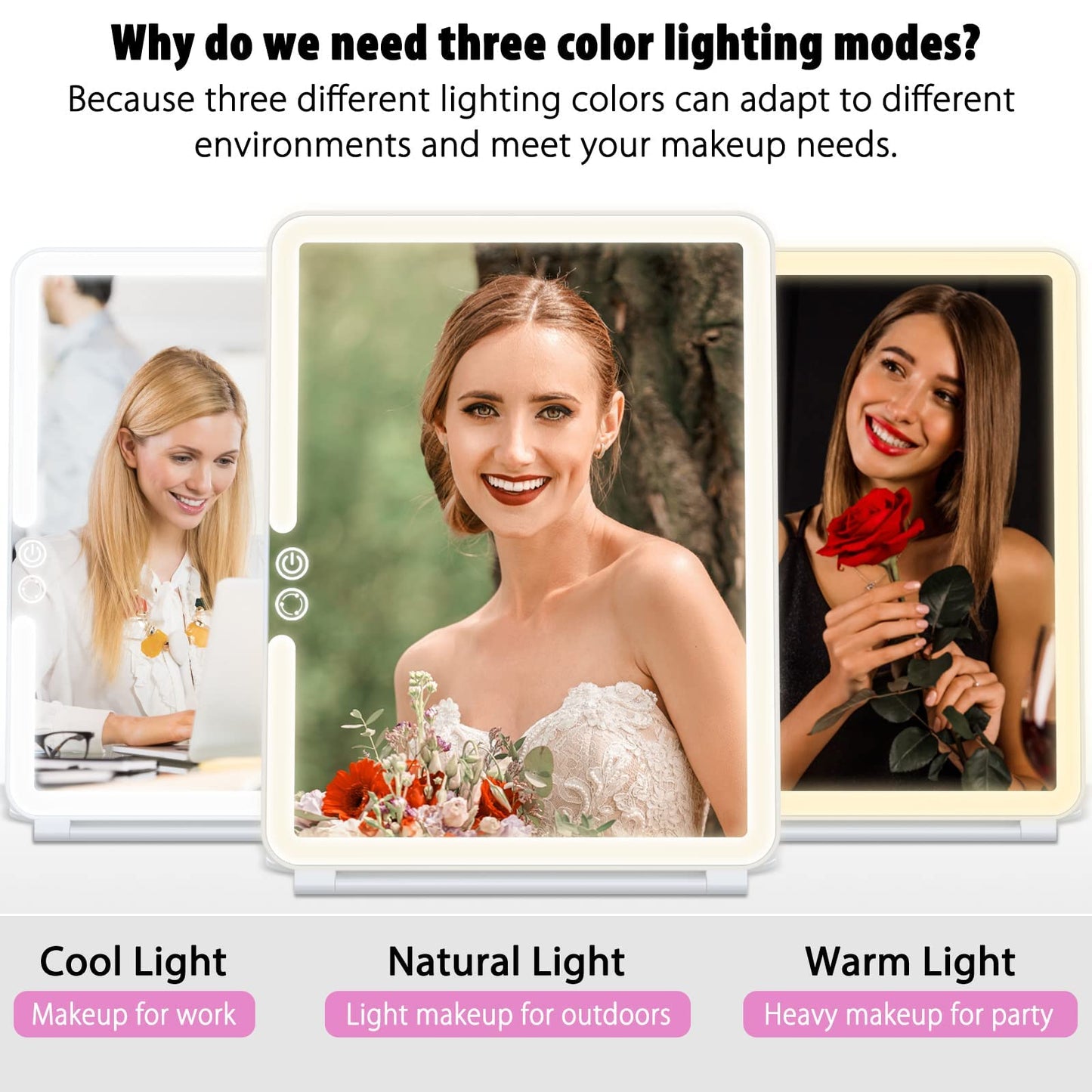 WEILY Portable Travel Mirror Makeup Mirror with 72 LED Lights, Touch Screen Three Colors Dimmable,Ultra Thin, 2000 mAh USB Rechargeable Foldable