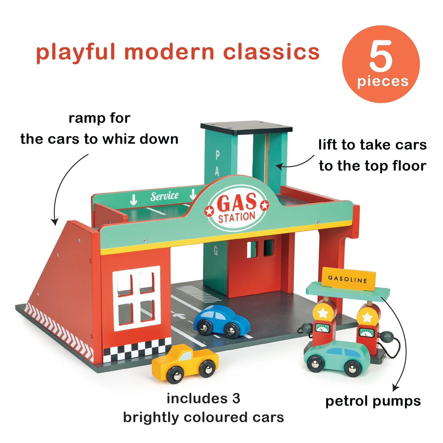 Mentari Toys Wooden Gas Station Playset – Garage with Lift, Cars, Ramp & Gas Pumps – Imaginative Role Play Toy for Kids Ages 3+