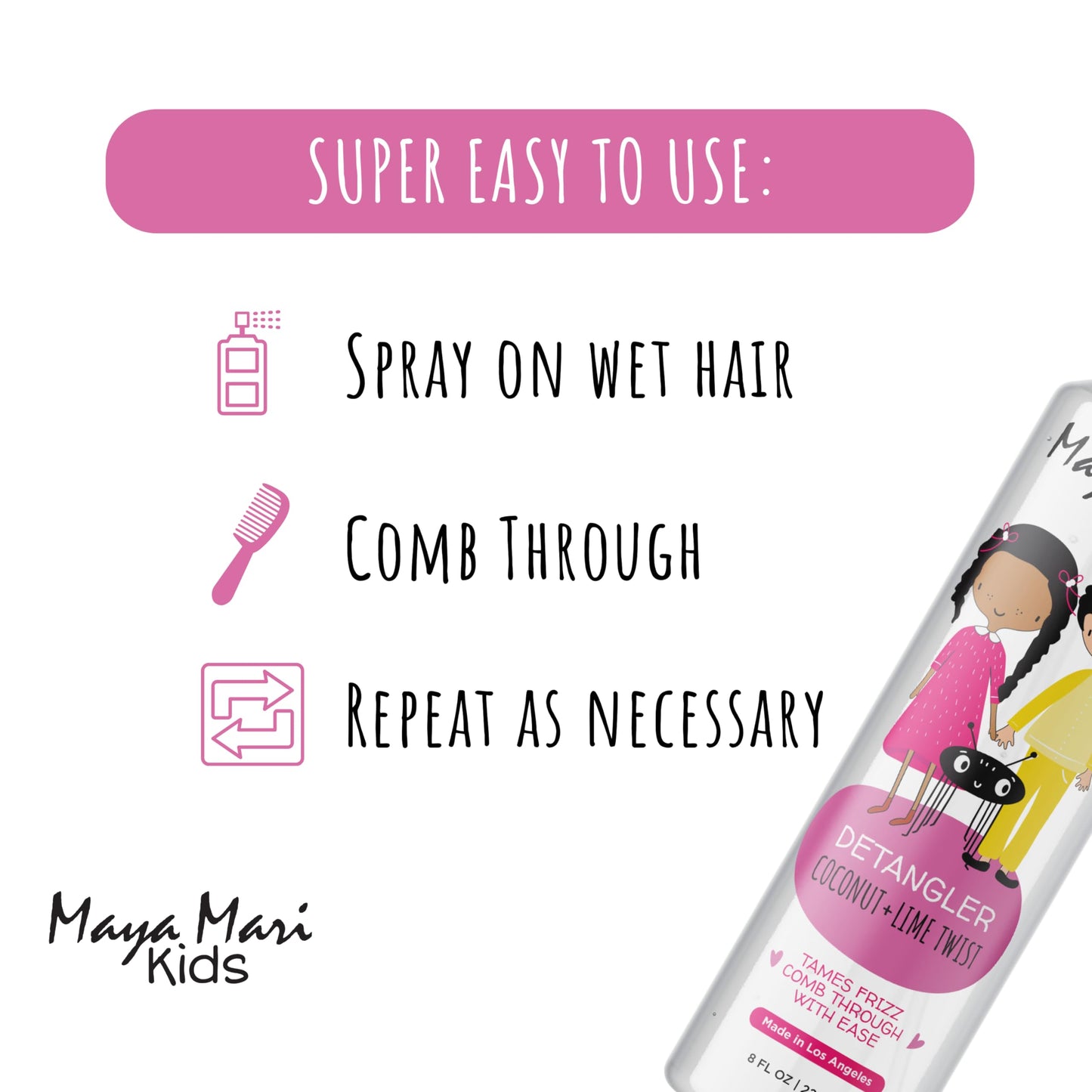 Maya Mari Kids Detangler Spray with Argan, Coconut and Lime Oils - Gentle Hair Detangler for Kids, Toddlers and Babies, 8 oz - No More Tangles, Ideal