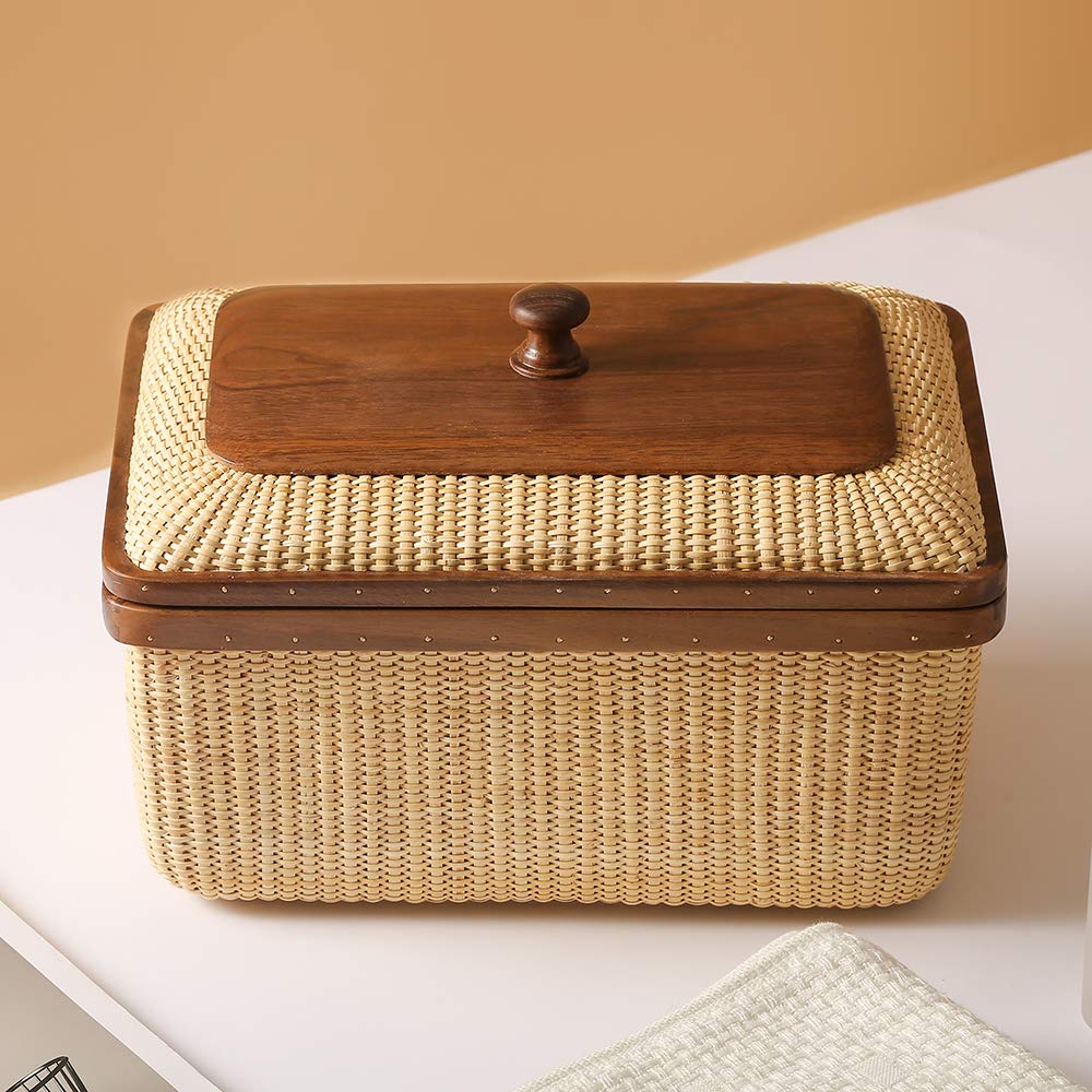 Teng Tian Cane-on-cane weave Storage Basket Box with Lid Multifunctional Storage Organiser Storage Basket Organizer Baskets Rectangular Boxes Woven