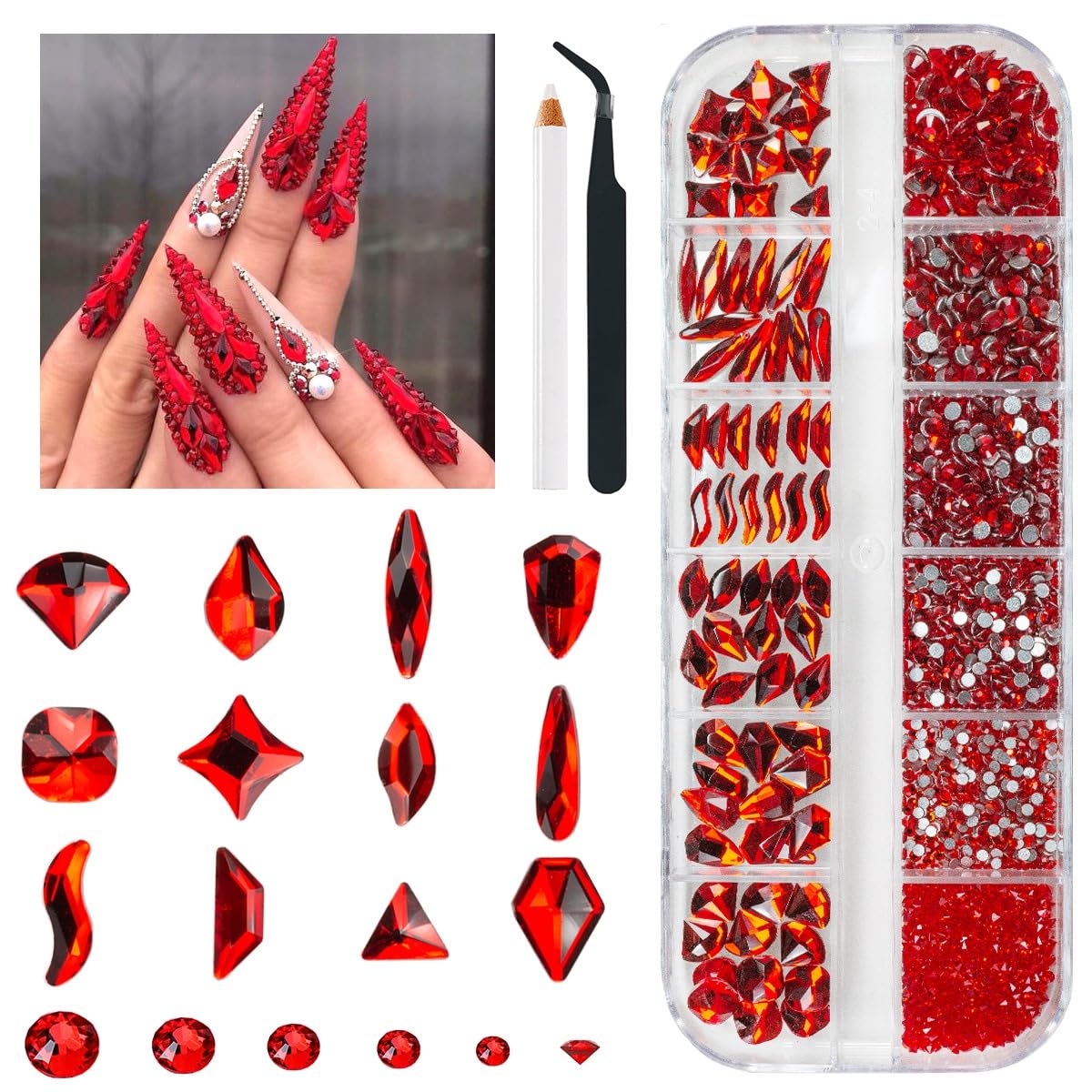 qiipii 2052Pcs Red Nail Rhinestones 72 Multi Shapes Siam Red Rhinestones for Nails Flatback Nail Gems K9 Glass Round Ruby Red Beads Stones Diamonds Beauty and Personal Care qiipii Default Title