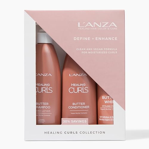 L'ANZA Healing Curls Trio Hair Kit, Curly Hair Shampoo and Conditioner with Curl Defining Styling Foam in a Gift Box, Luxury Hair Care Kit for Curly