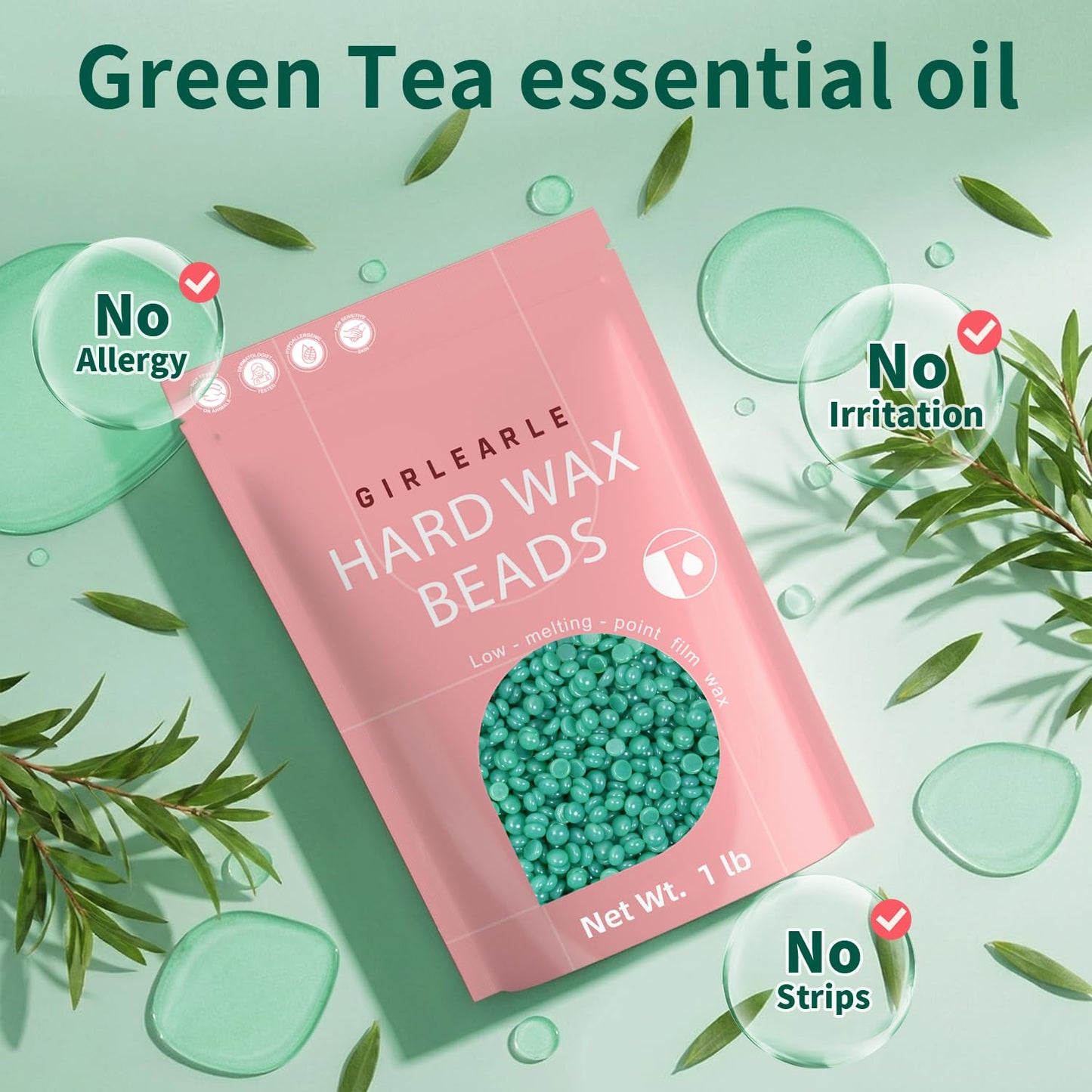 GIRLEARLE 1LB Hard Wax Beads for Hair Removal, Hard Wax Beads with Green Tea Formula, Wax Beads for Brazilian Waxing & Sensitive Skin, Stripless Hard Beauty and Personal Care GIRLEARLE