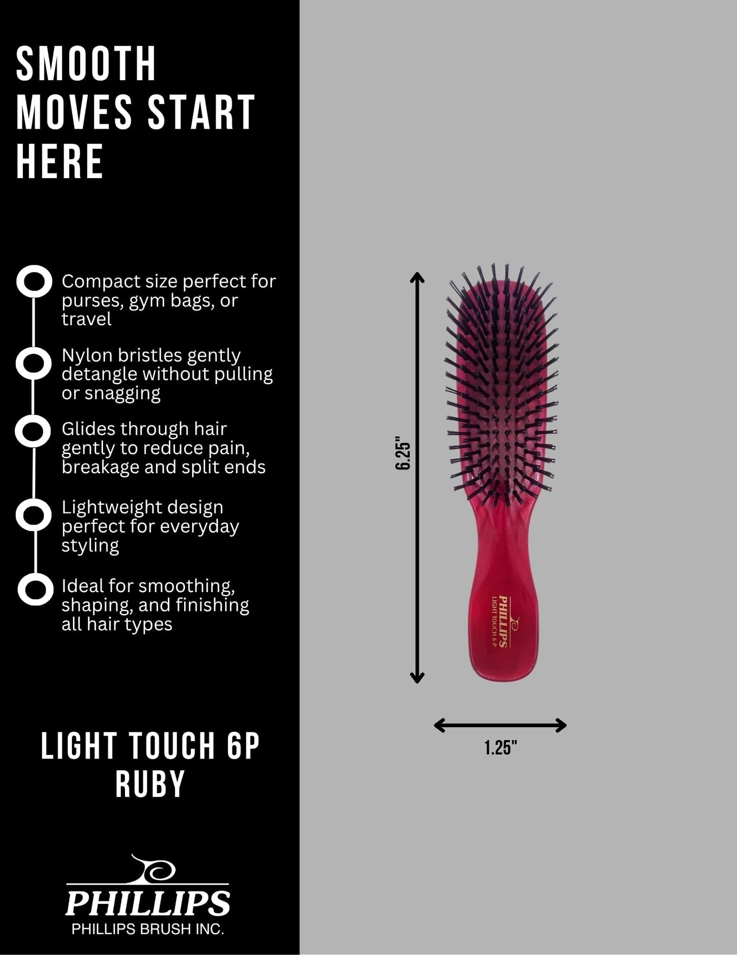 Phillips Brush Ruby Light Touch 6-P Hair Brush - Part of the Gem Collection (Petite sized)