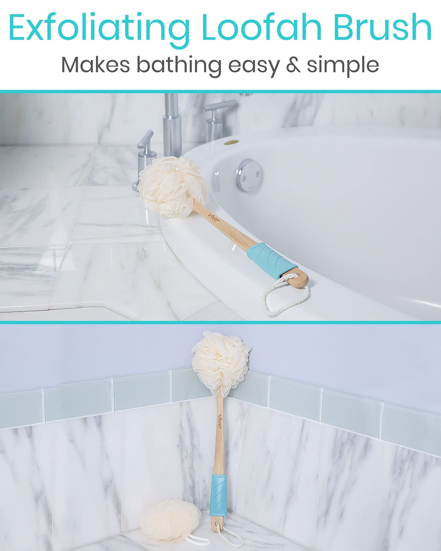 Vive 17” Shower Loofah with Long Handle - Exfoliating Back & Body Scrubber for Men & Women - Luffa Sponge on a Stick for Bathing, Cleaning - Includes