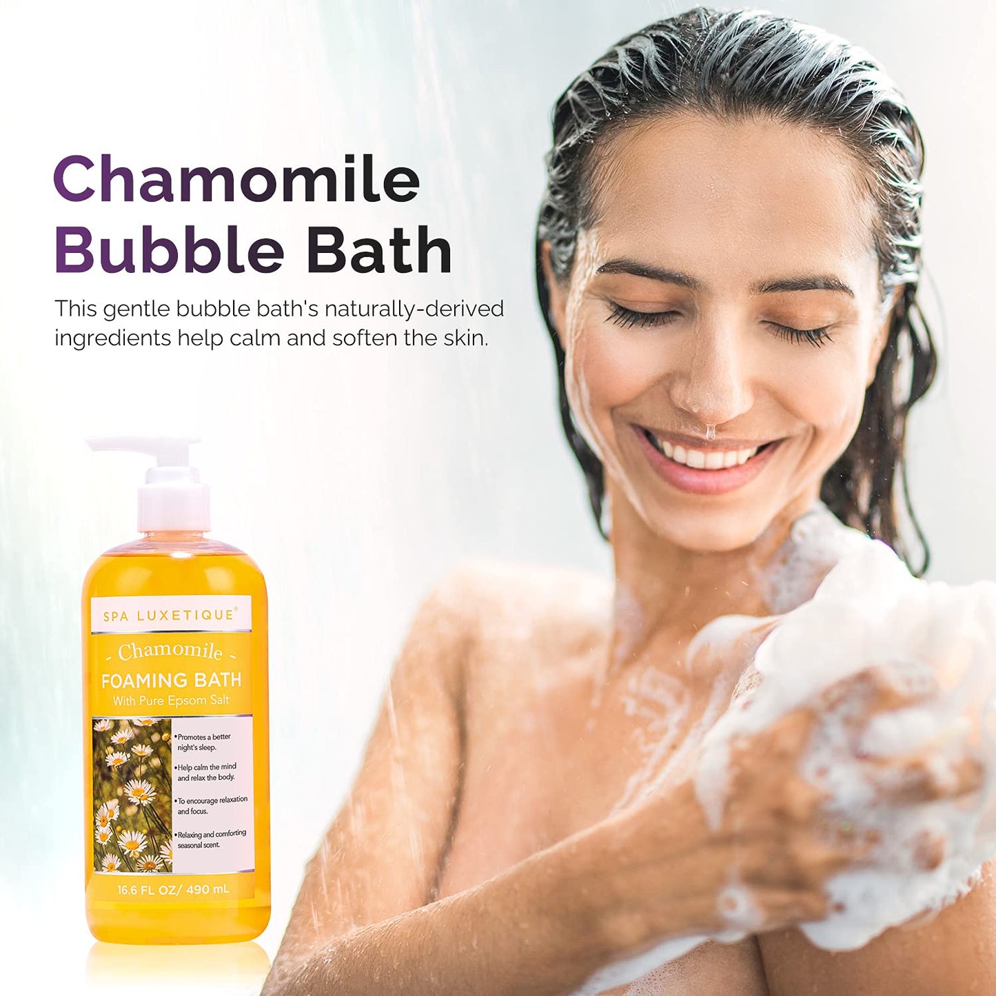 Spa Luxetique Bubble Bath, Foaming Bath with Epsom Salt, Chamomile Rose and Lavender Scent Bathing Set, 3 Pack 49.8 fl oz Christmas Gifts Set