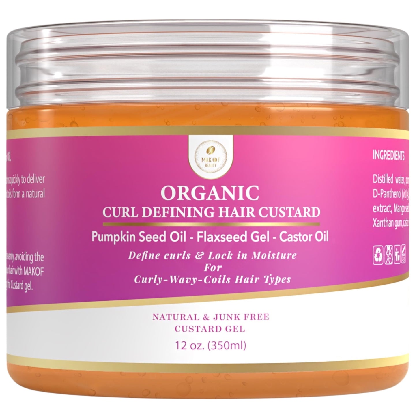 MAKOF BEAUTY Curls Defining & Styling Custard Gel, Enhances Curls Definition & Long-Lasting Hold. With Flaxseed, Pumpkin Seed & Rosemary. Natural Hair