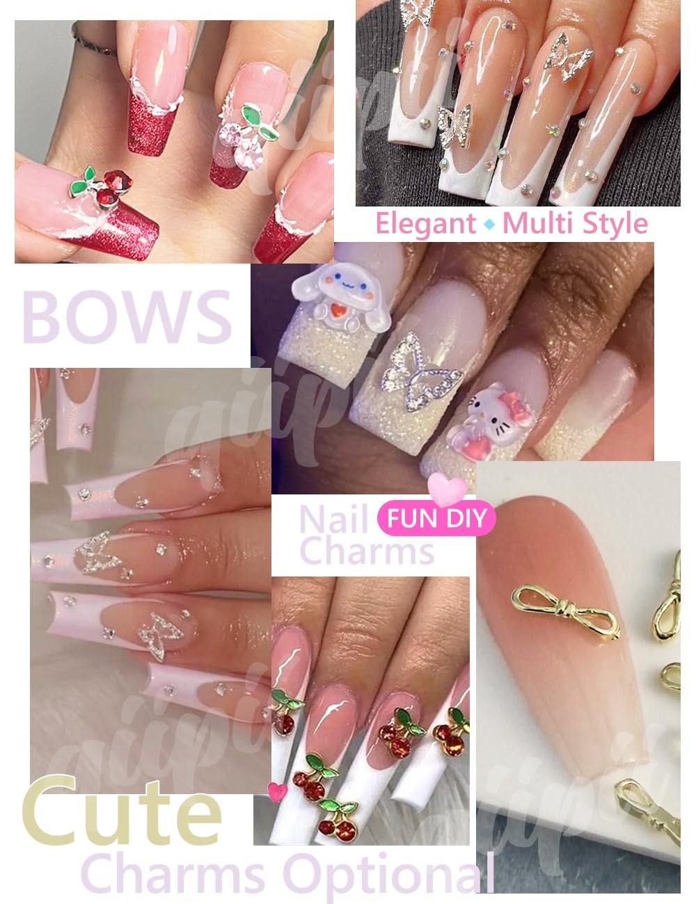 qiipii 56 Pcs Cute Charms for Nails Cherry Butterfly Heart Star Kawaii Crystals Pink Red Rhinestones Gems Golden Silver 3D Alloy Studs Nail Art Charms Beauty & Personal Care qiipii