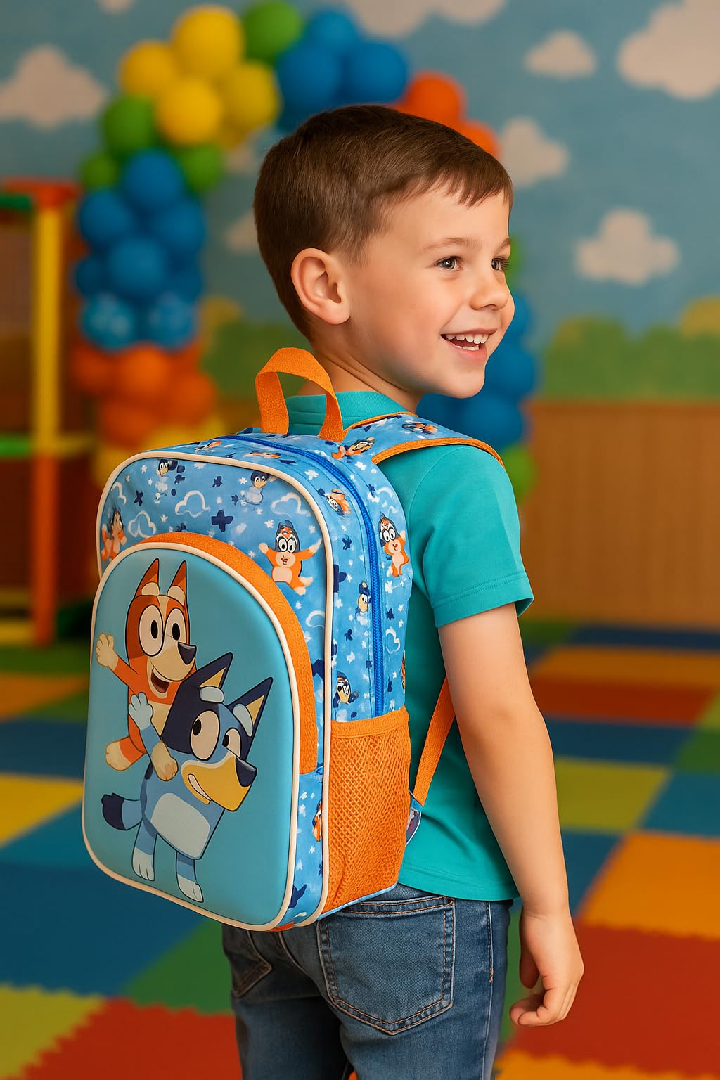 Fast Forward Bluey & Bingo 16" Backpack with 3D Character Print & Bluey Keychain - Kids School Bag with Front Pocket & Mesh Side Pockets