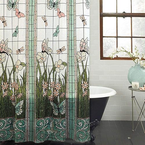 Crystal Emotion Flower Dragonfly Waterproof Bathroom Fabric Shower Curtain Bath Curtain 36x78inch Small Stall Size